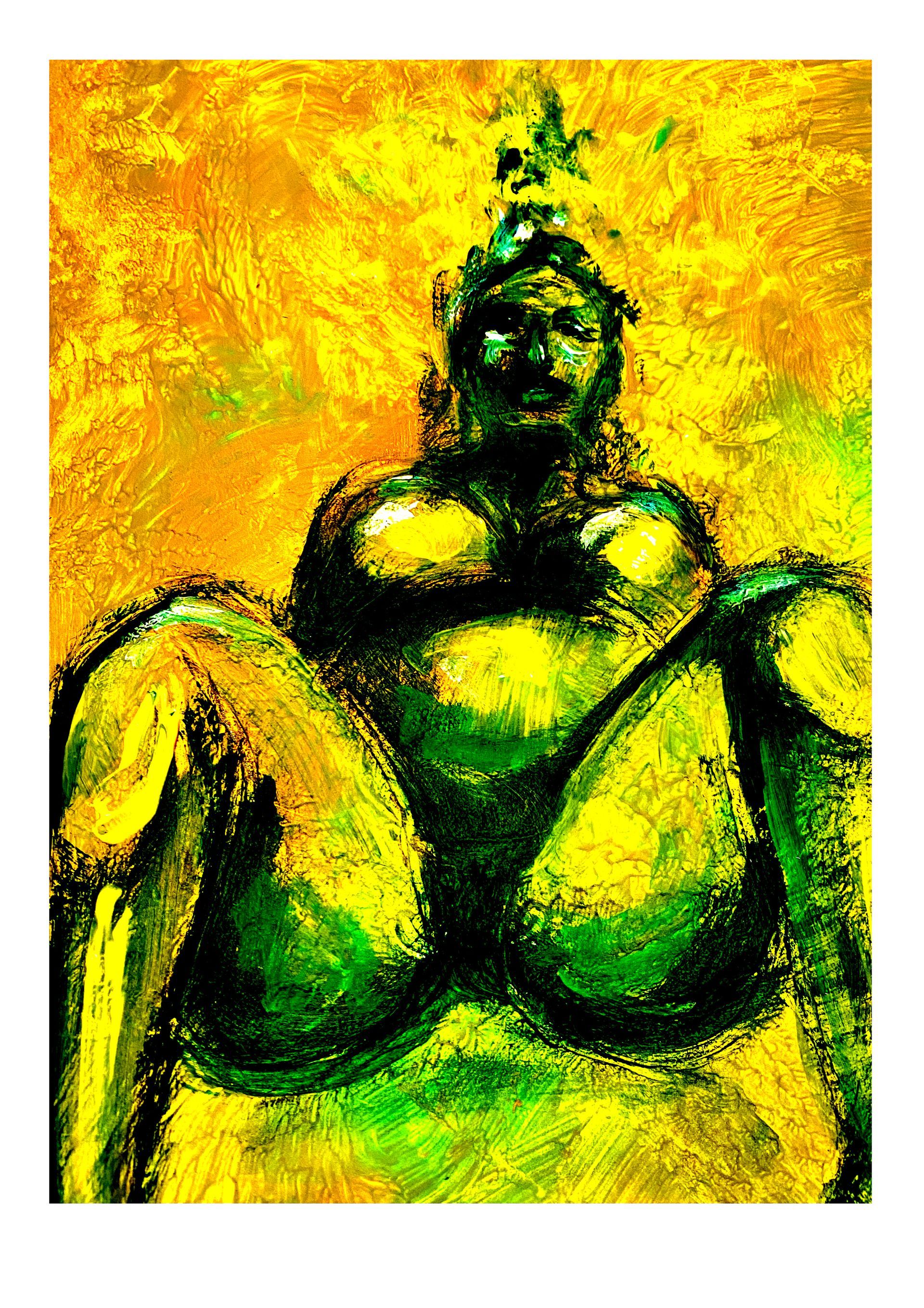 Abstracte groene zittende figuur op een gele achtergrond met krachtige, gestructureerde penseelstreken.