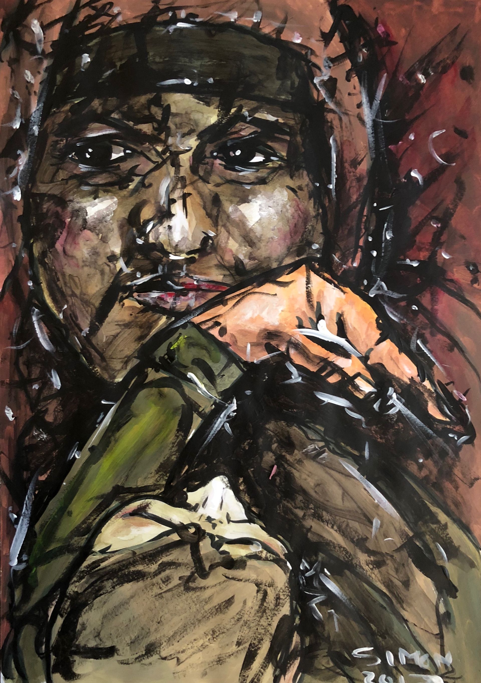 Abstract portret van een persoon in donkere tinten, hand bij het gezicht, met expressieve penseelstreken en een roodachtige achtergrond.