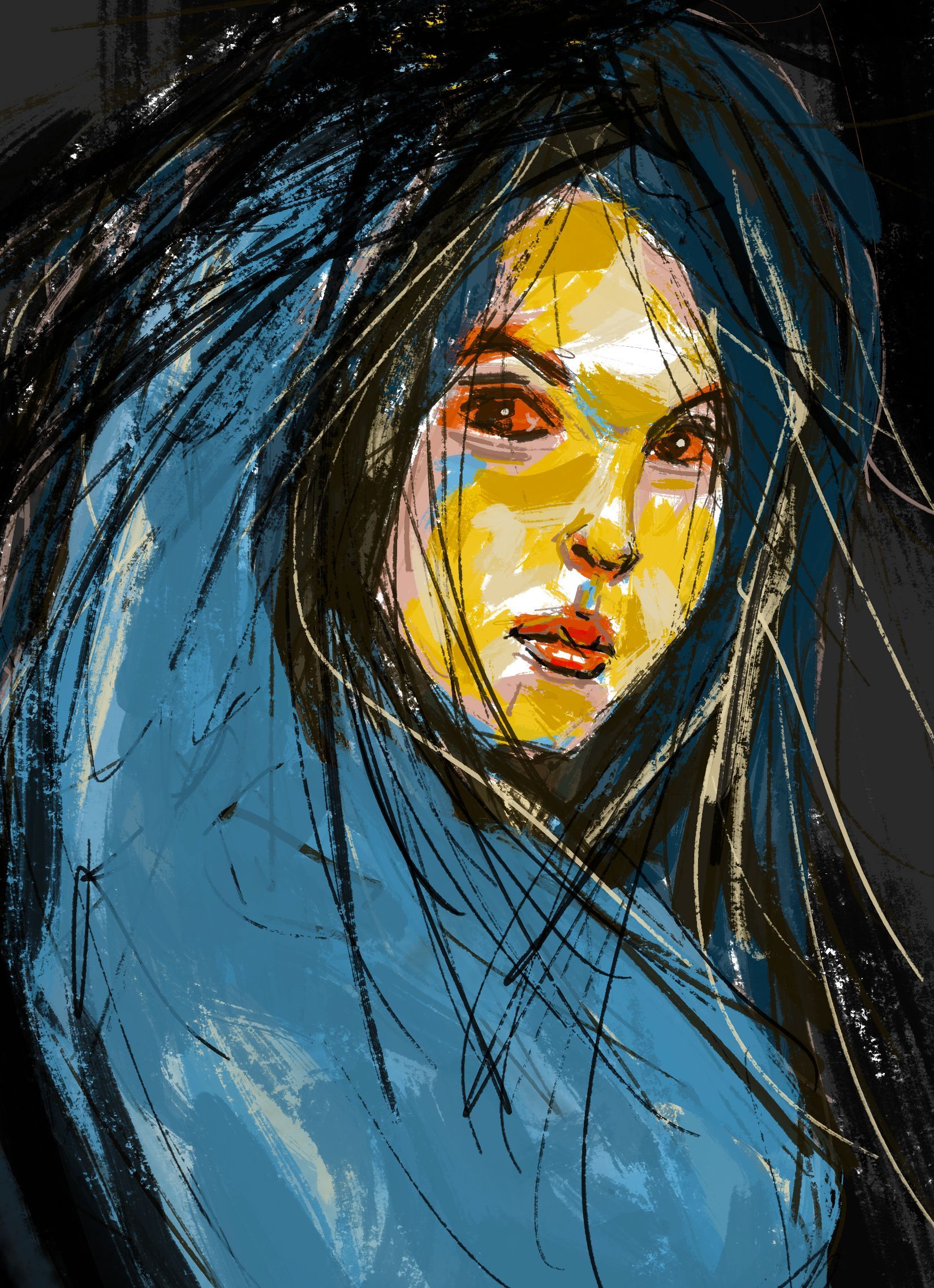 Gestileerd portret van een persoon met donker haar, blauwe kleding en een geel verlicht gezicht tegen een donkere achtergrond.