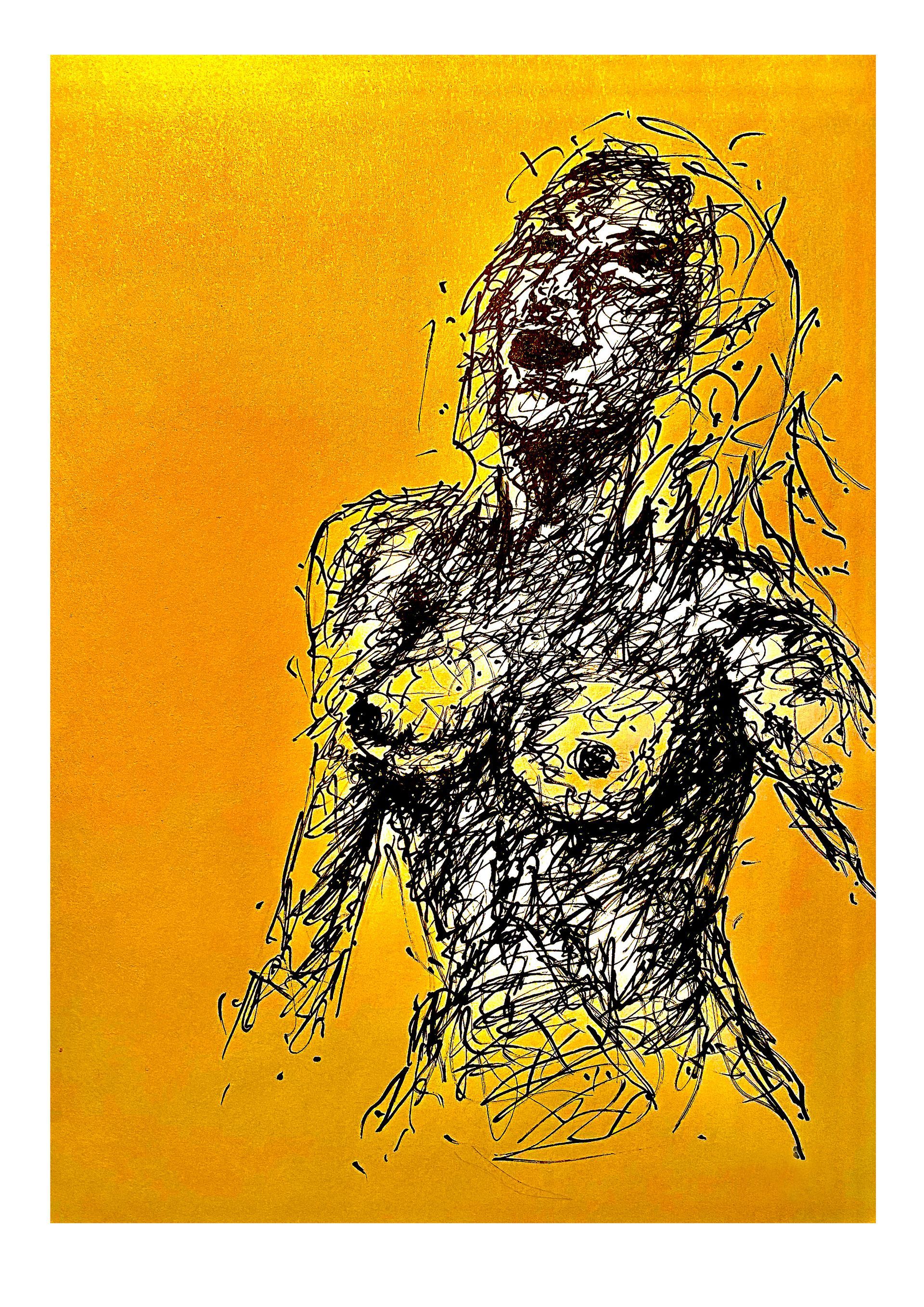 Abstracte schets van een figuur met ontbloot bovenlijf op een oranje achtergrond, uitgevoerd in zwart en geel.