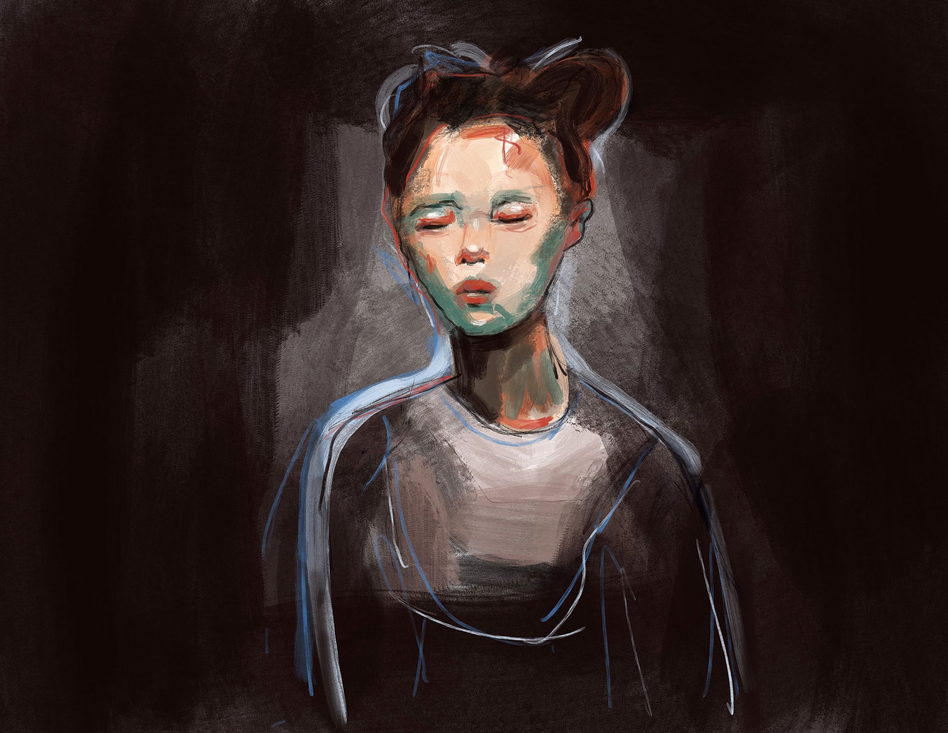 Peinzend geschilderd portret van een persoon met donker haar tegen een donkere achtergrond, geaccentueerd met turquoise en rode penseelstreken.