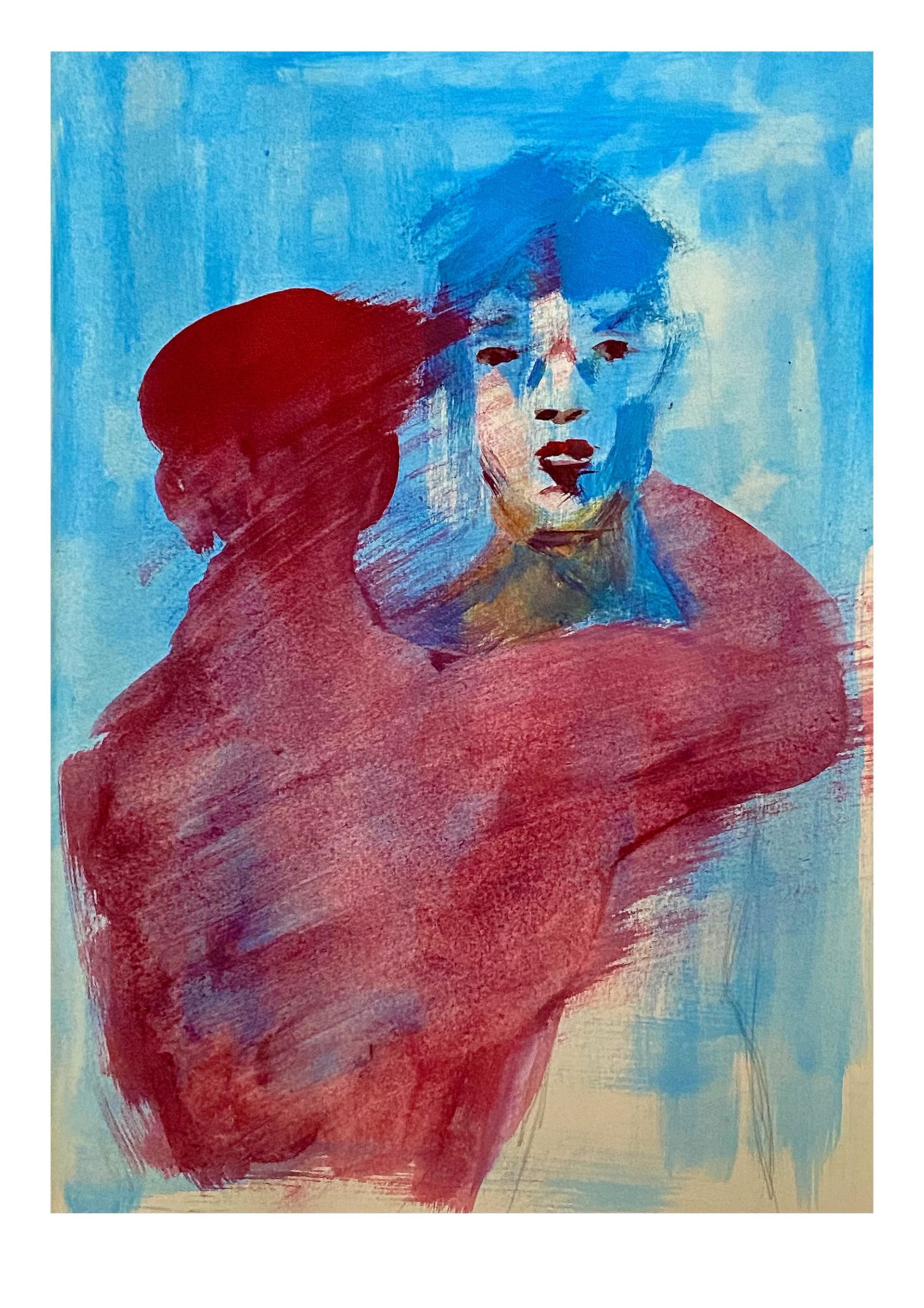Abstract schilderij van een figuur met een blauw gezicht in rood tegen een lichtblauwe achtergrond.