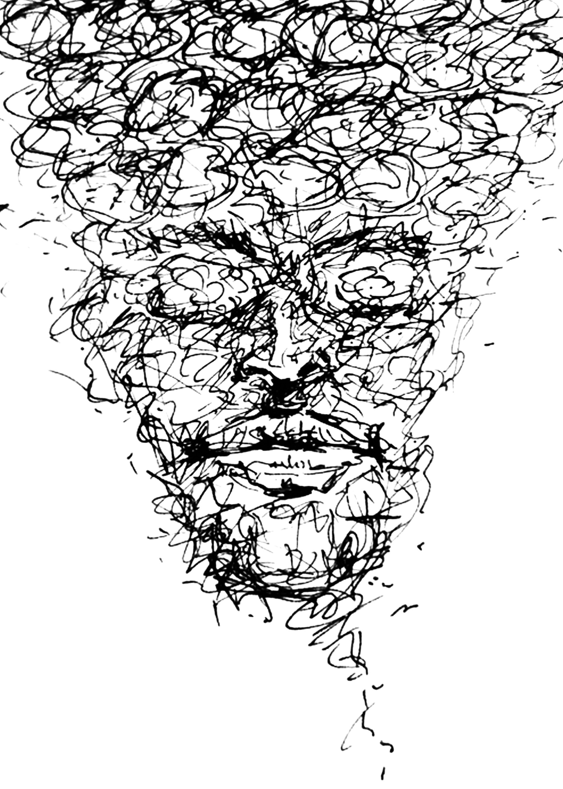 Abstracte schets in zwarte inkt van een gezicht dat tevoorschijn komt uit een verwarde driehoekige massa op een witte achtergrond.