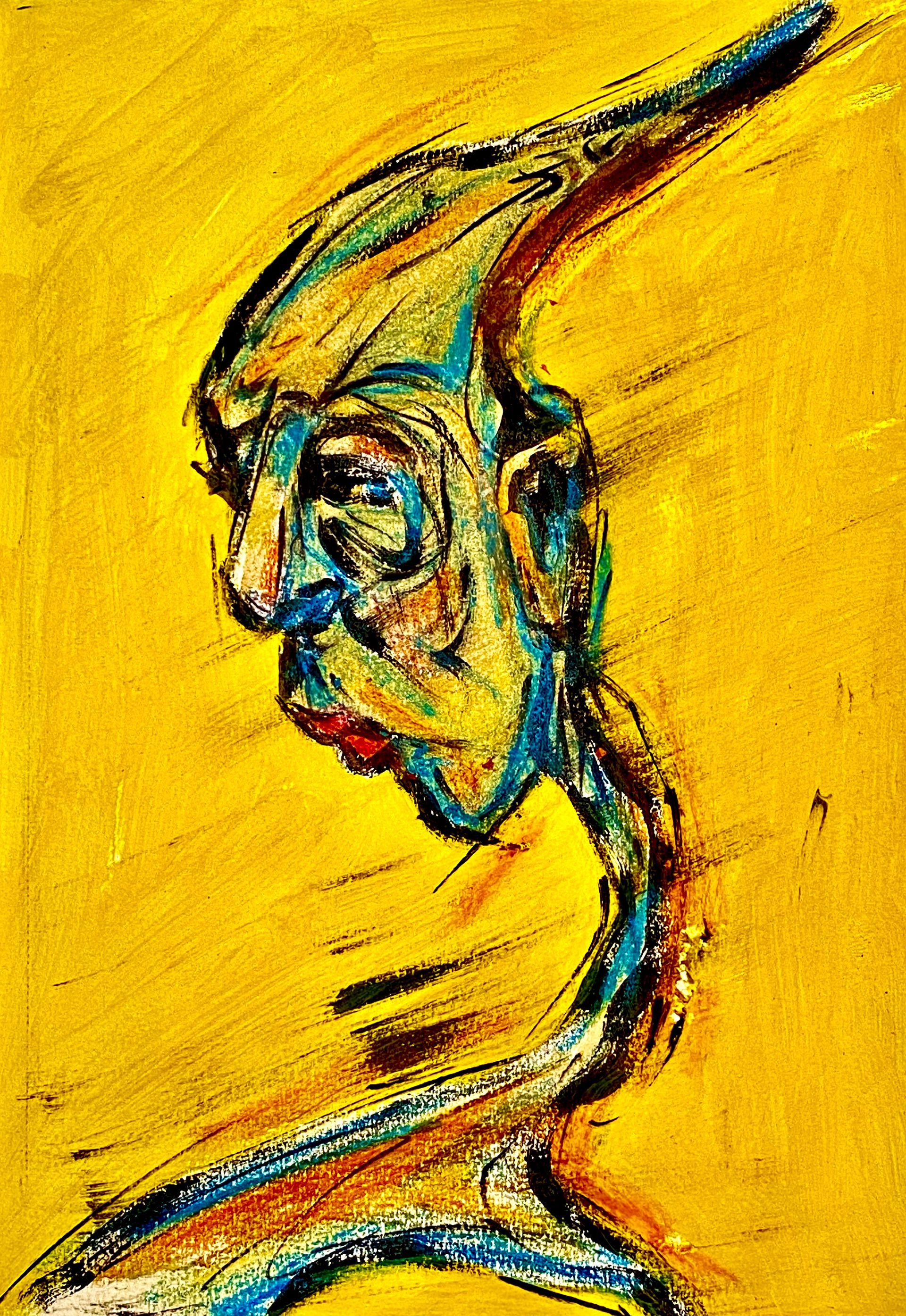 Abstract geschilderd gezicht in blauw en zwart op een felgele achtergrond.