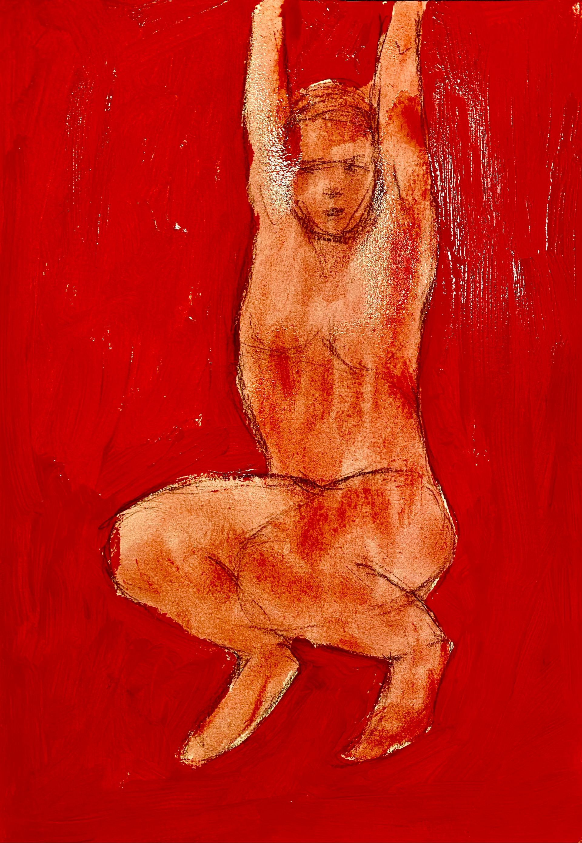 Abstracte rode schildering van een naaktfiguur die gehurkt zit met de armen omhoog tegen een rode achtergrond.