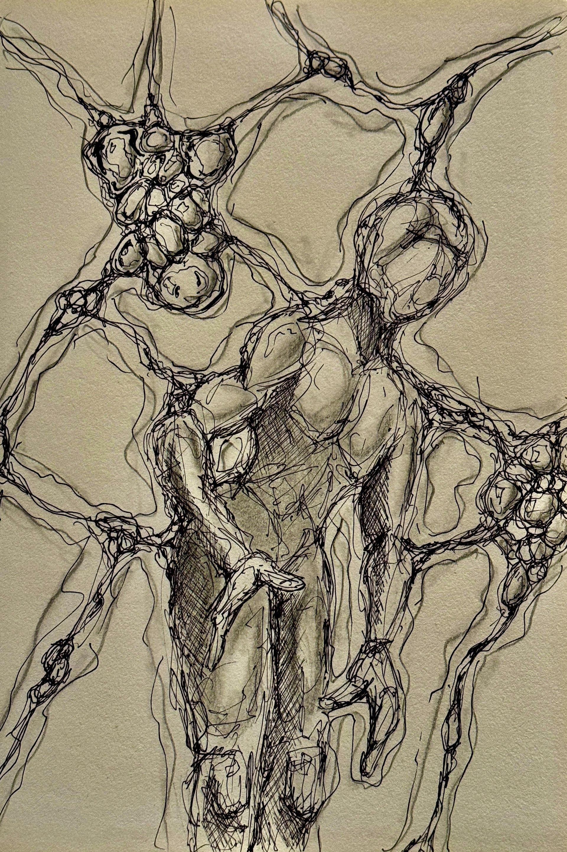 Abstracte zwarte lijntekening van een verstrengelde mensachtige figuur op een beige achtergrond.