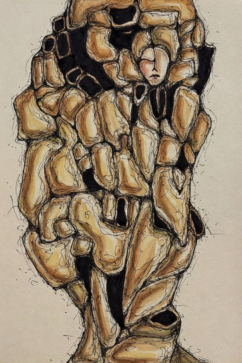Abstracte sepiatekening van een zittende figuur met gestructureerde, gelaagde vormen en een somber gezicht.