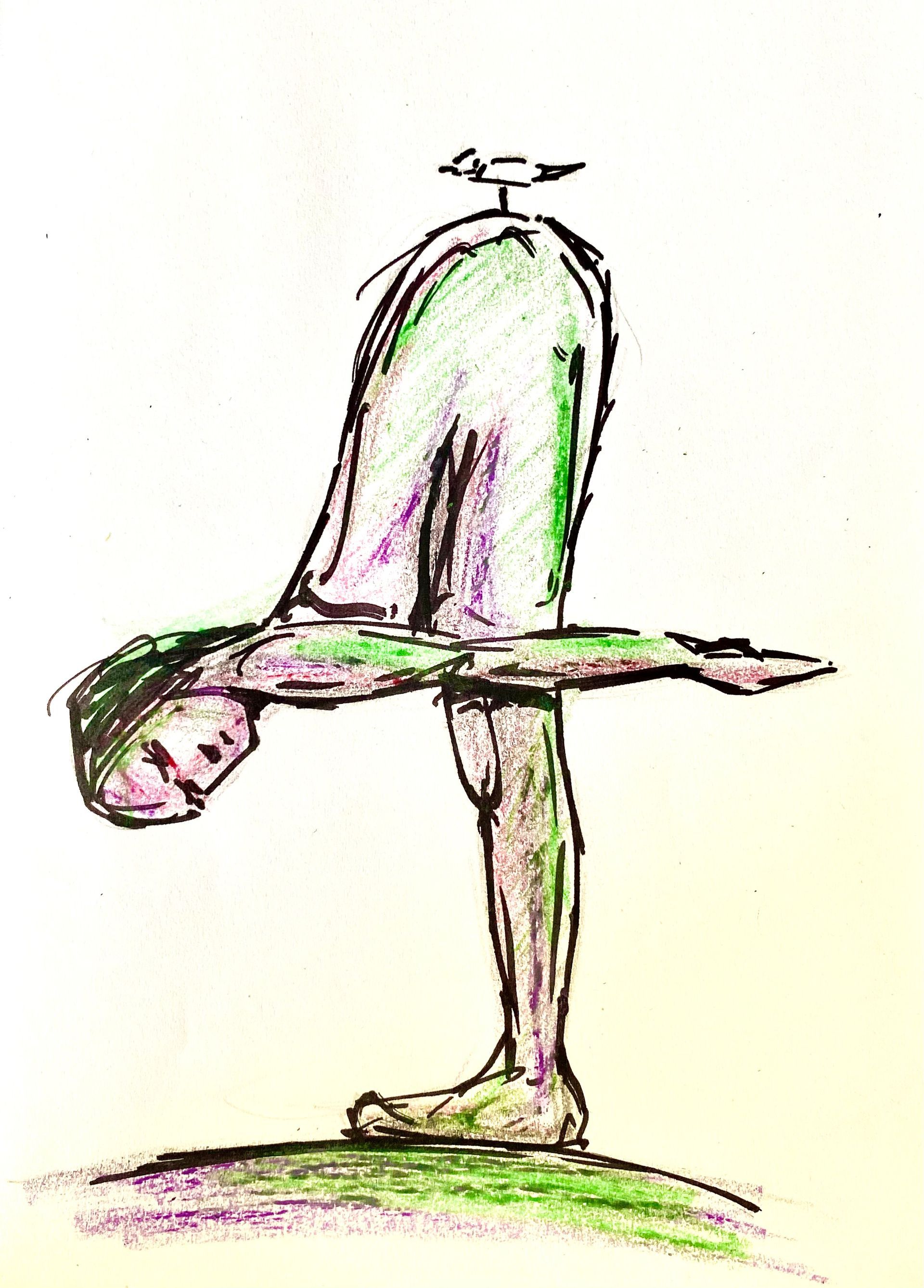Een persoon in een boomhouding uit de yoga, balancerend op één been met uitgestrekte armen, geschetst in groen en paars.