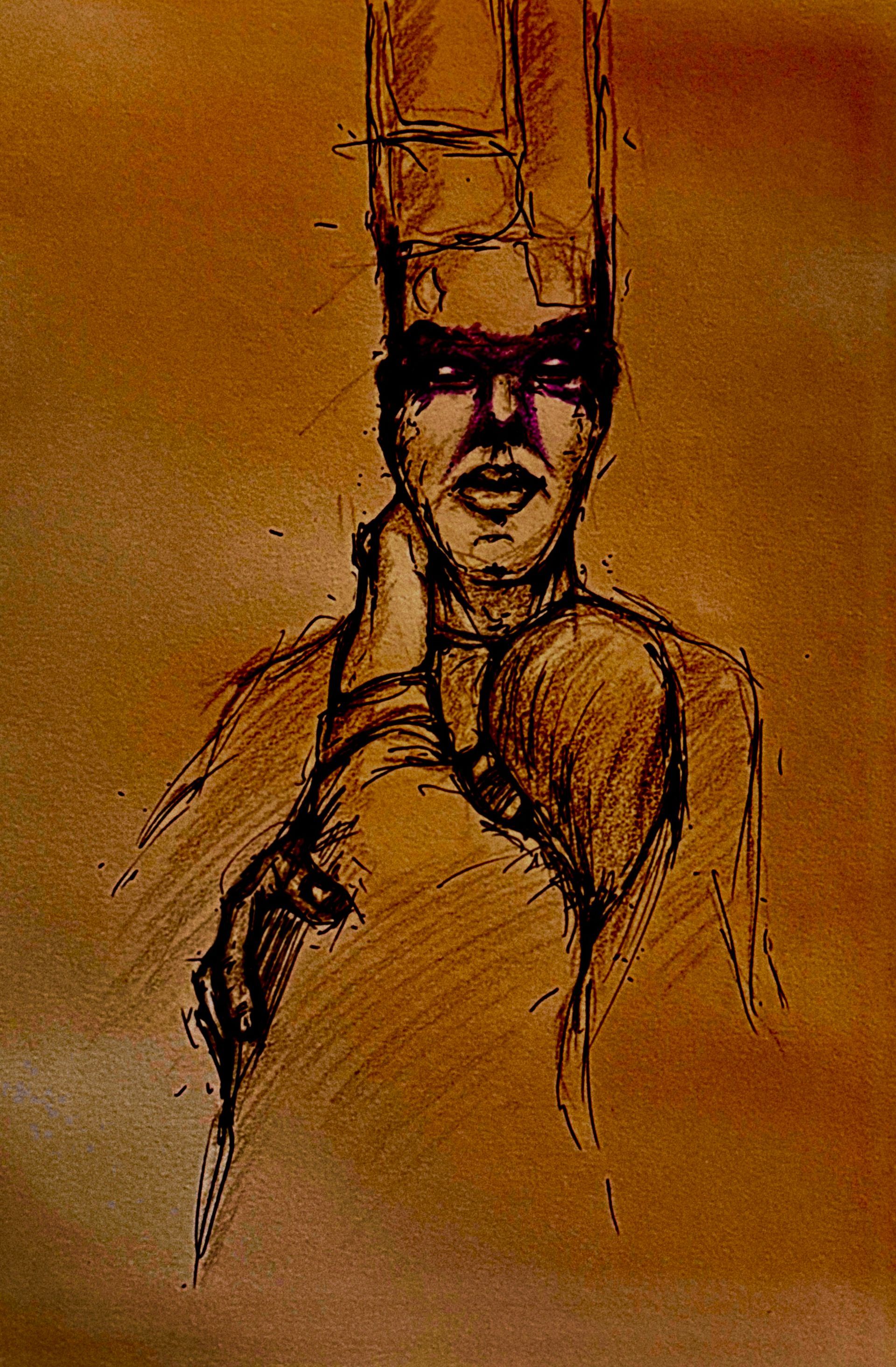 Schets van een gemaskerde figuur met een hoge hoed, getekend met donkere lijnen op een warme bruine achtergrond.