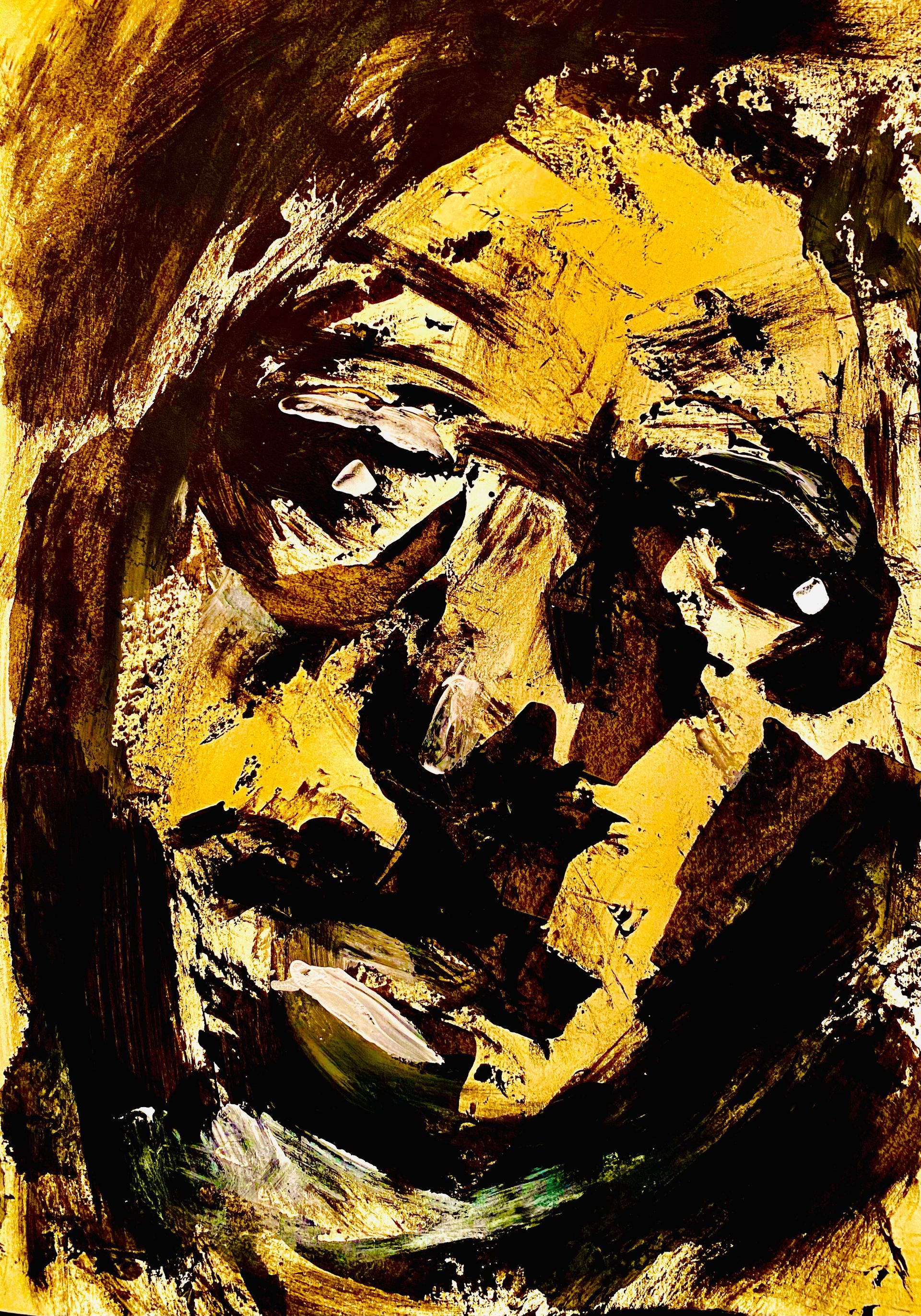 Abstract portret in zwarte, gele en bruine penseelstreken, met een ernstig gezicht en intense ogen.