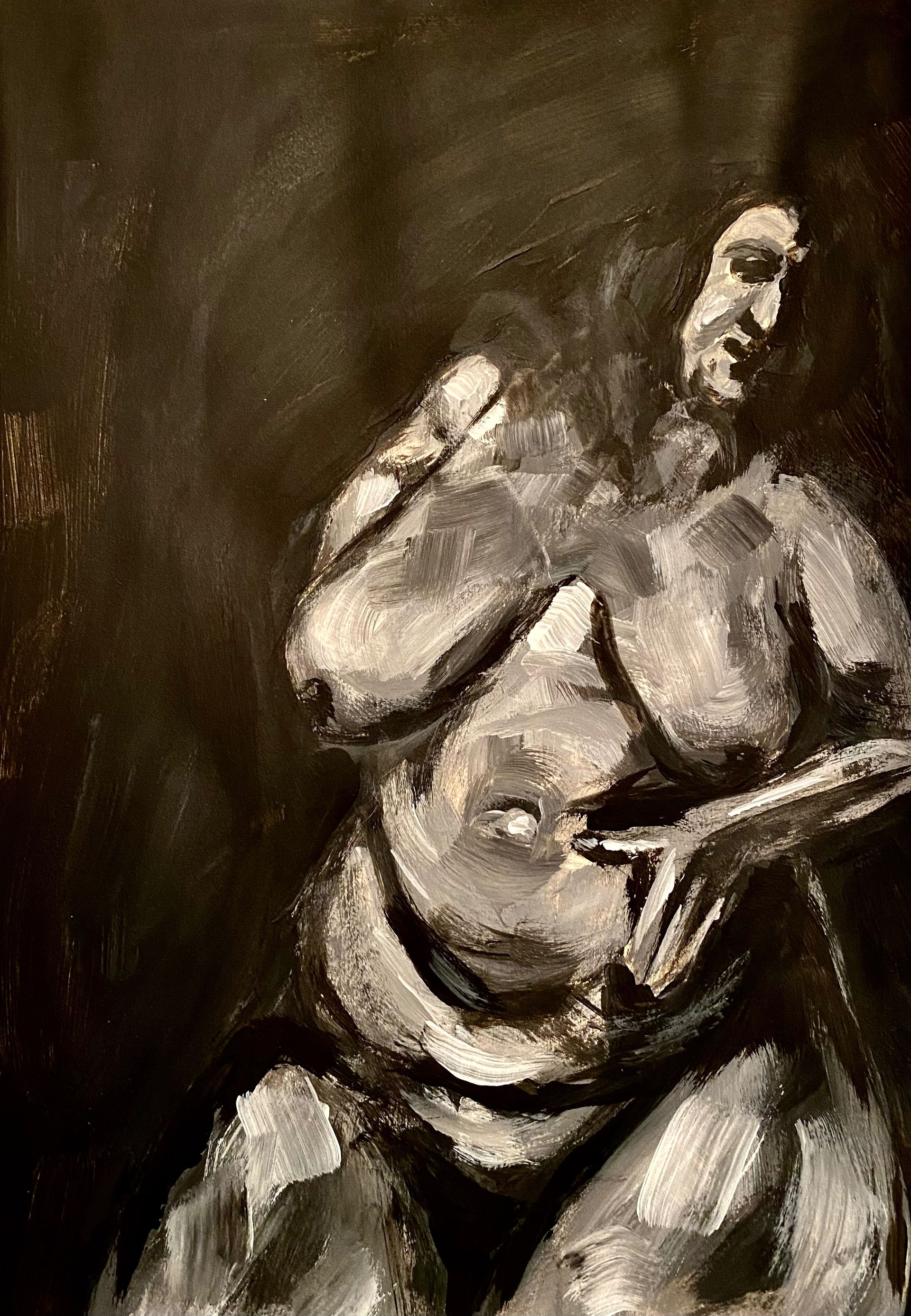 Monochroom schilderij van een zittende naaktfiguur tegen een donkere achtergrond, in een peinzende houding.