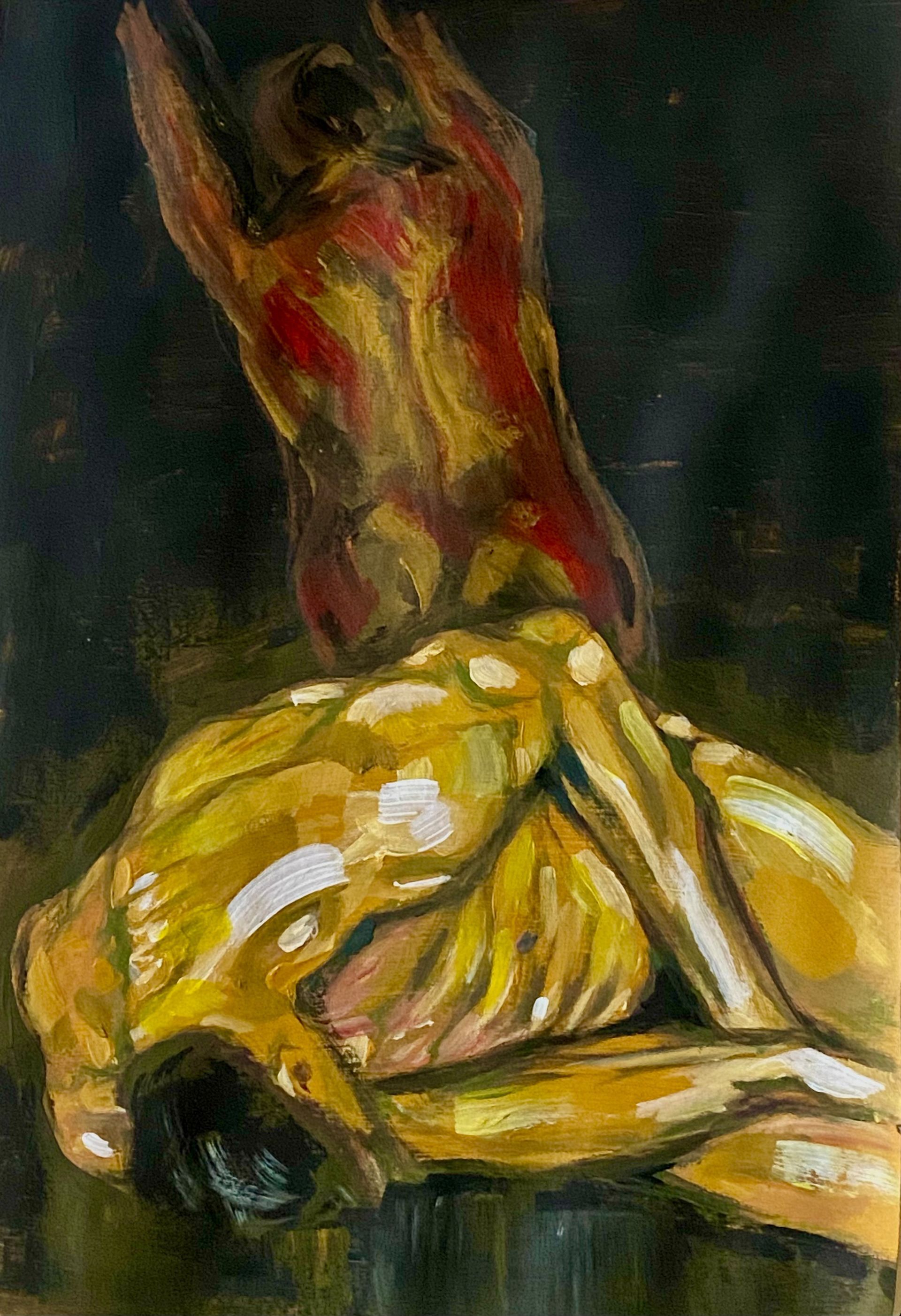 Abstract schilderij van een liggende figuur in geel en rood tegen een donkere achtergrond.