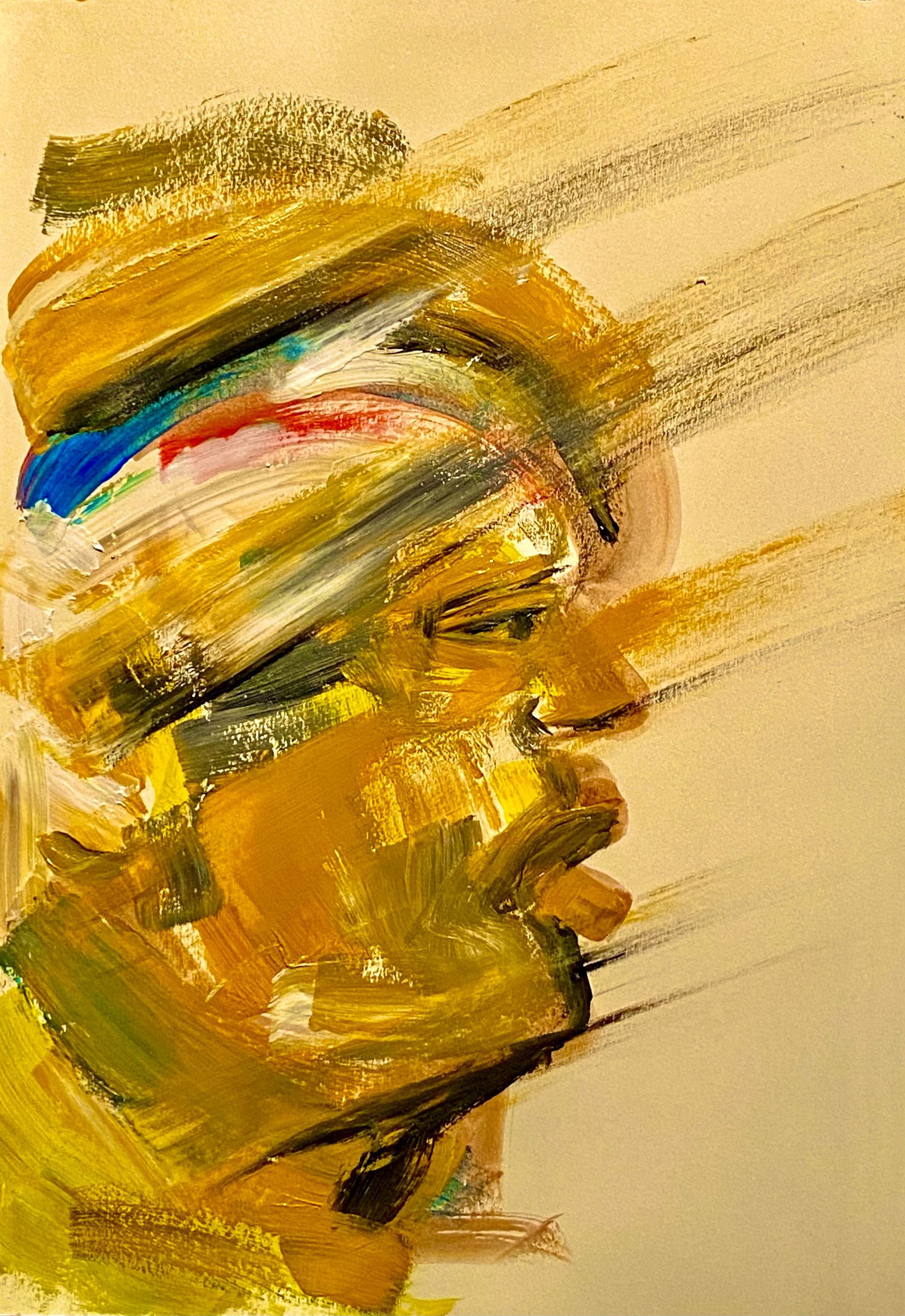 Abstract zijprofielportret met warme goudtinten en een blauw-rood accent over het voorhoofd.