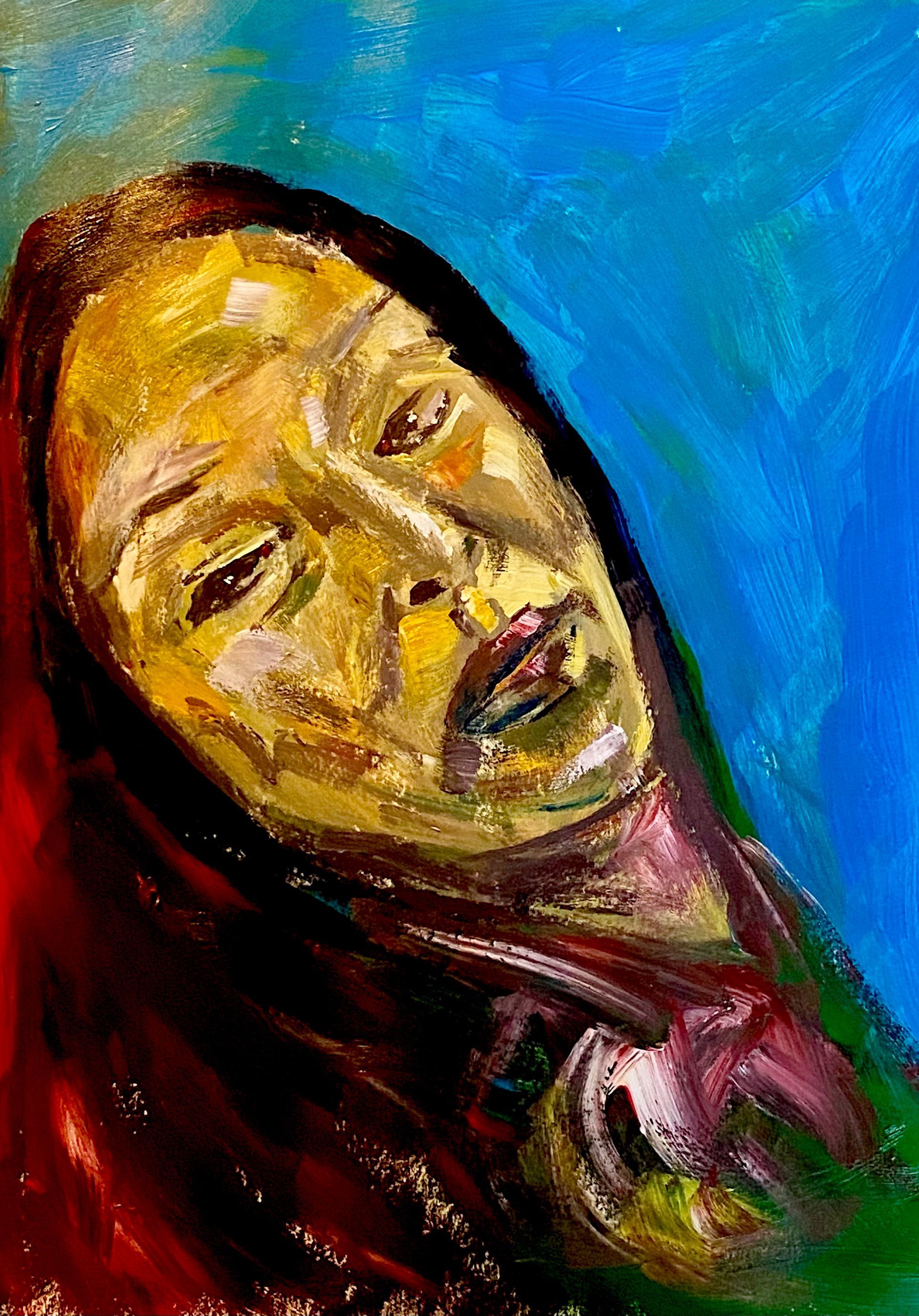 Abstract portret van een peinzend gezicht met gesloten ogen tegen een blauwe achtergrond.