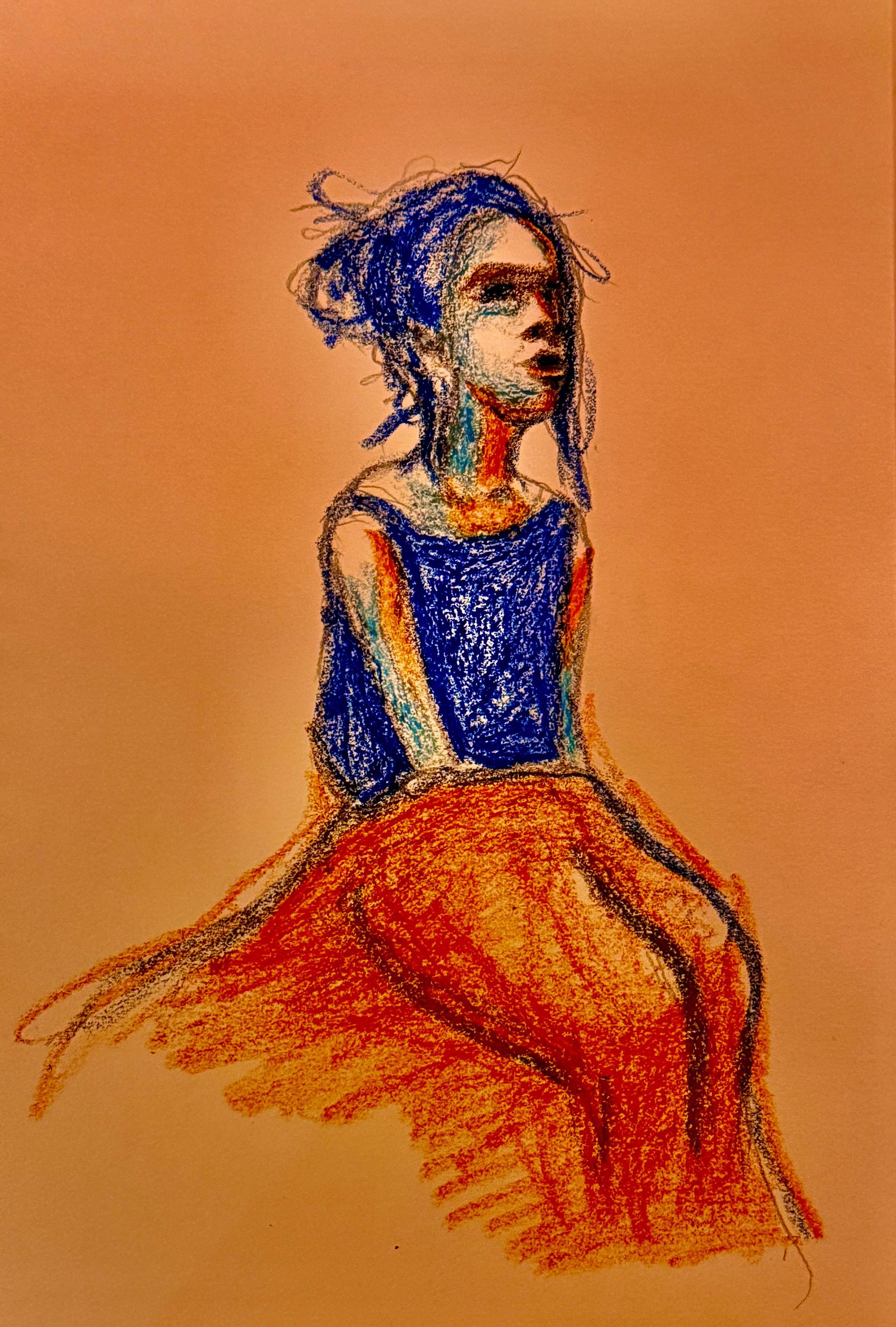 Abstracte schets van een zittende vrouw in een blauwe top en oranje rok op een warme oranje achtergrond.