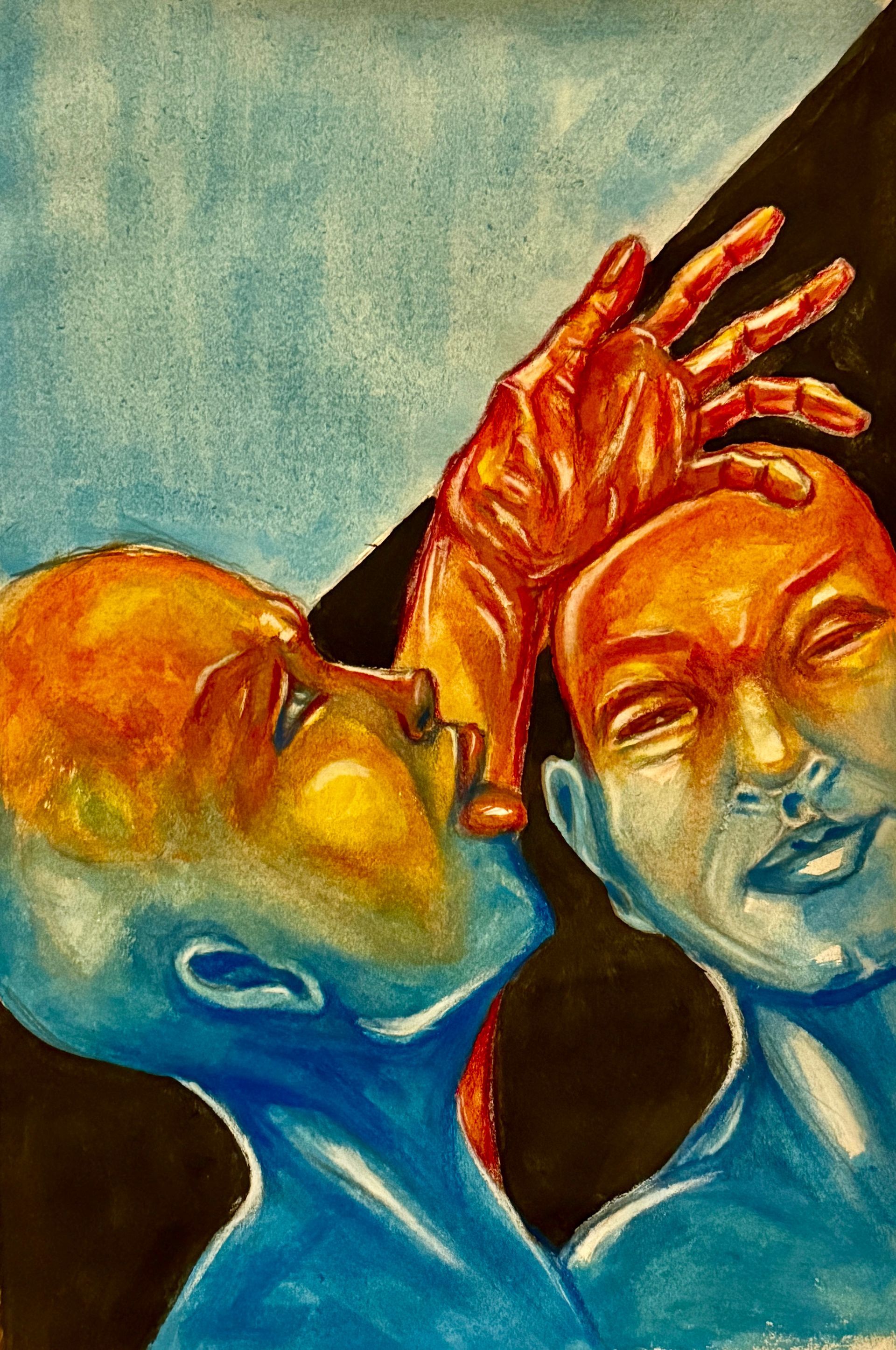 Twee abstracte blauwe gezichten met een rode hand die een voorhoofd aanraakt, tegen een donkere achtergrond.