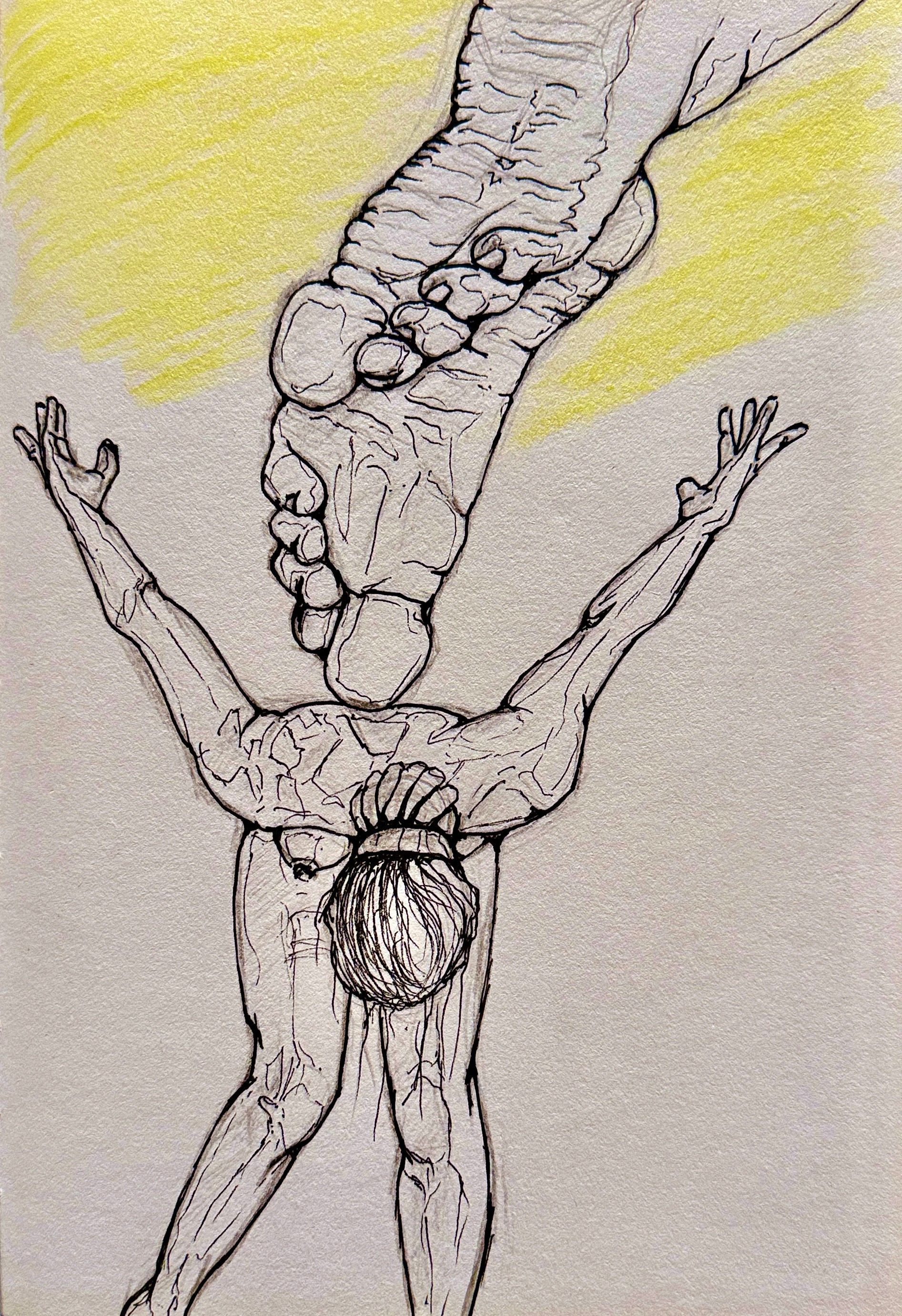 Zwart-wit tekening van een persoon die zijn armen omhoog houdt onder een gigantische voet, met gele arcering erboven.