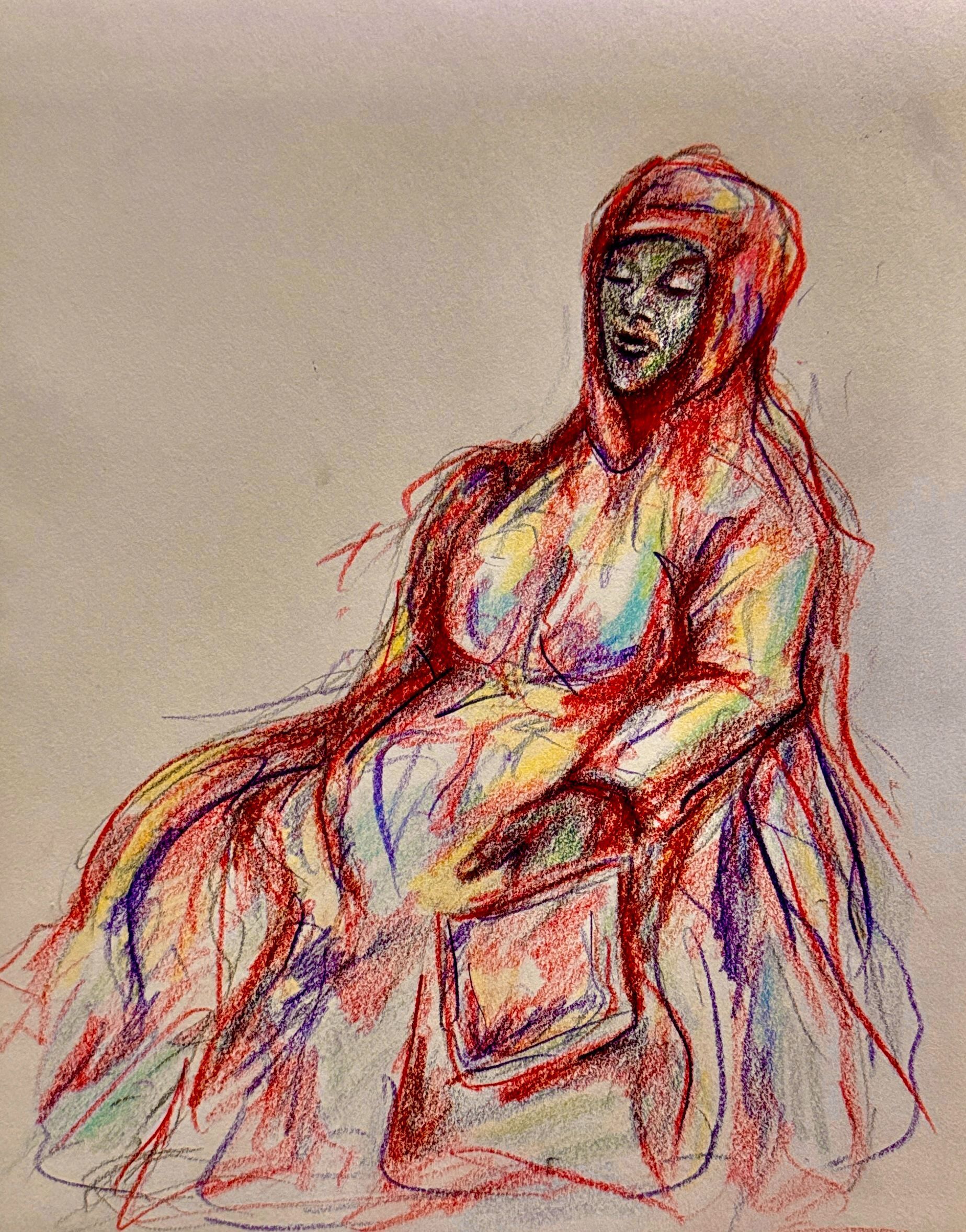 Schets van een zittende figuur met kap in rood en oranje, weergegeven met losse lijnen in houtskool en pastel.