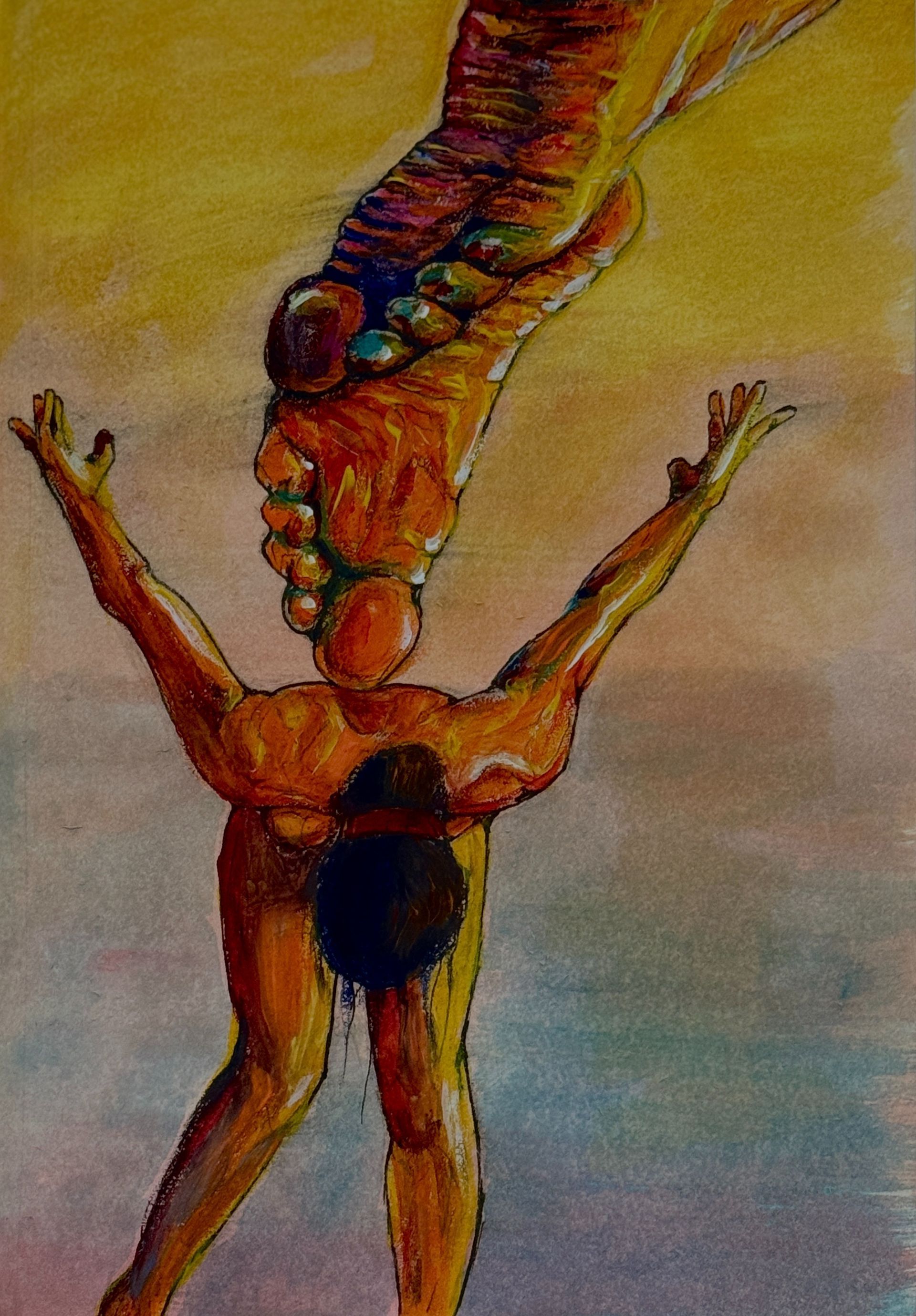 Abstract schilderij van twee mensfiguren die naar elkaar reiken tegen een warme geelblauwe achtergrond.