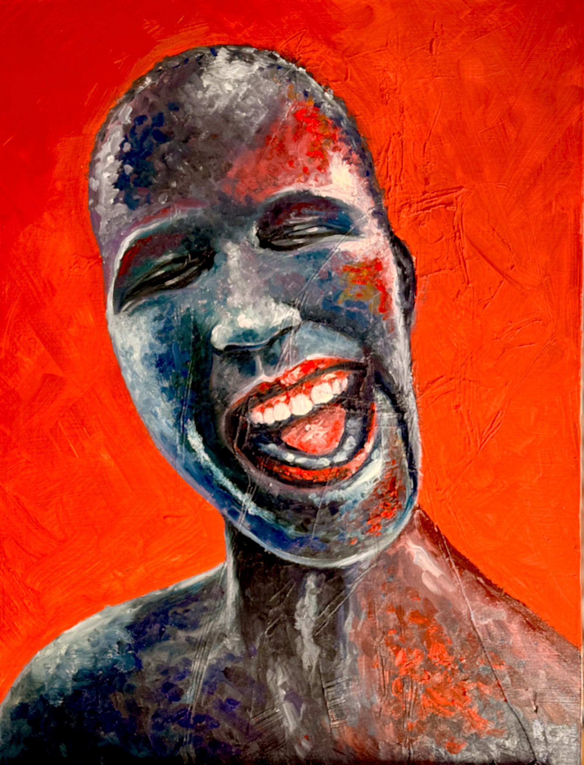 Abstract schilderij van een lachende figuur met open mond, op een levendige rood-oranje achtergrond.