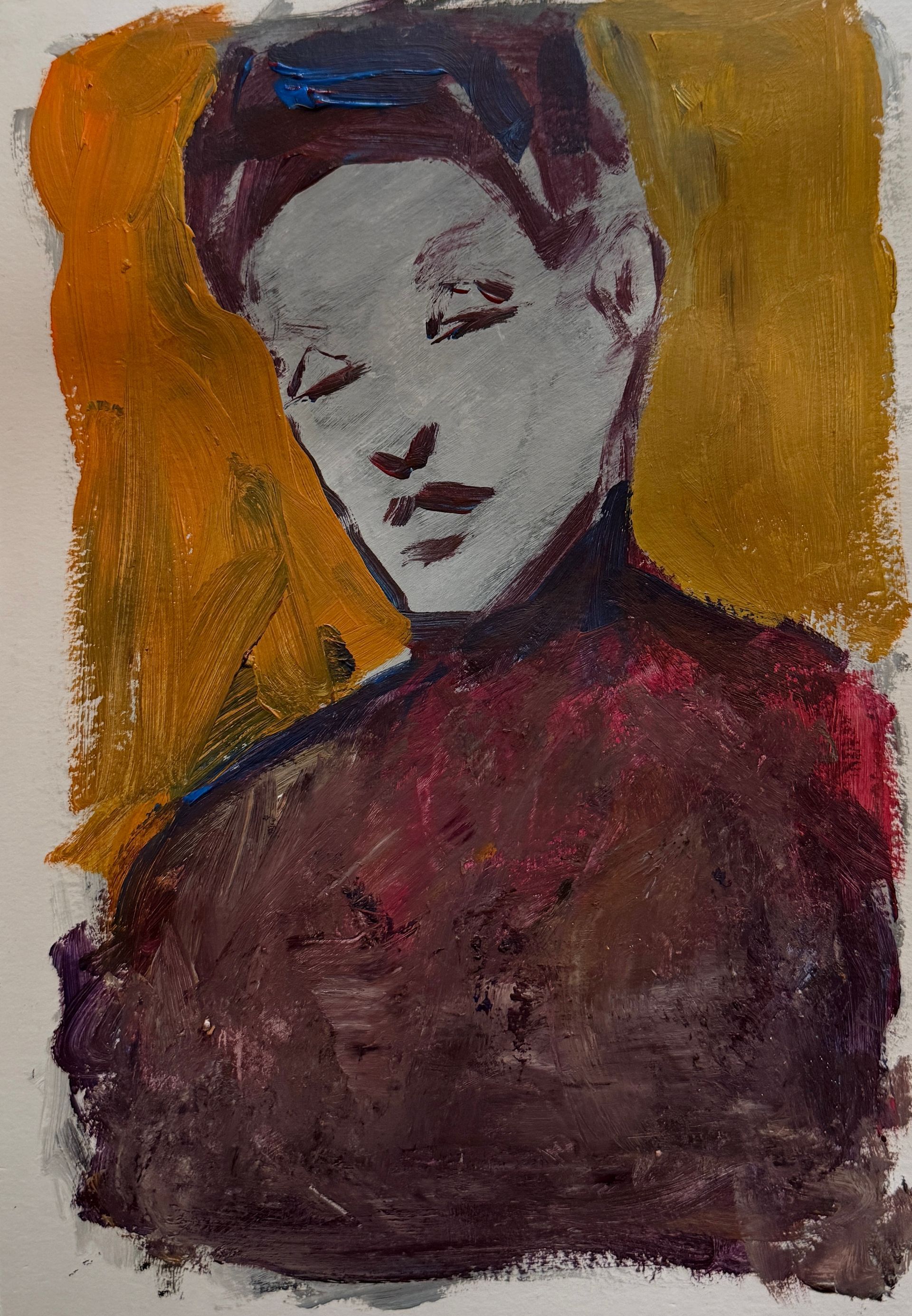 Abstract portret van een sombere figuur met donker haar op een warme oranje achtergrond.