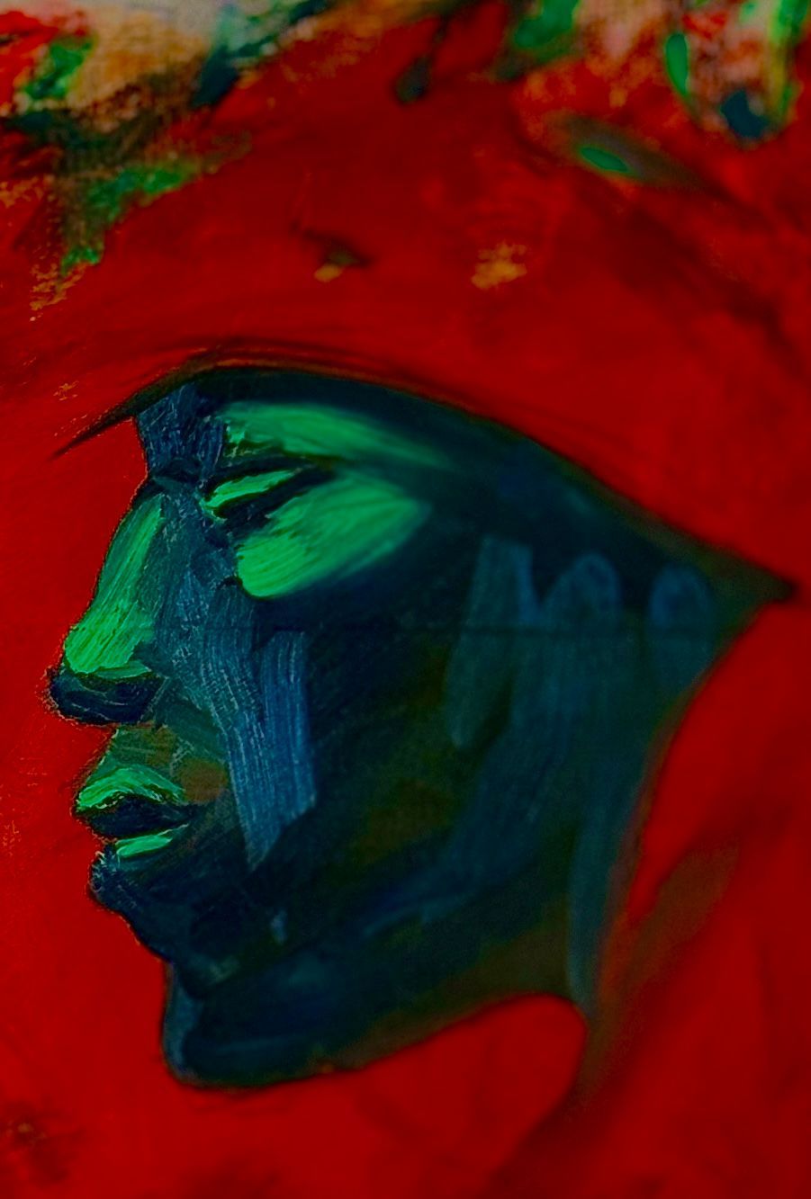 Abstract profielportret in rood, blauw en groen, met een felgroen oog en een rode achtergrond.