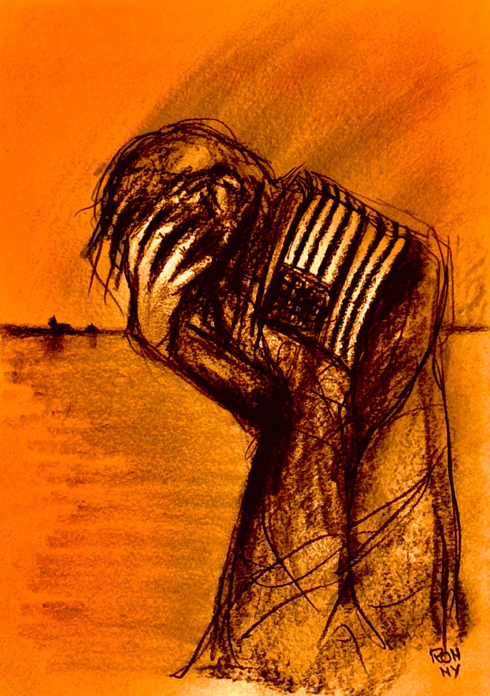 Abstracte schets van een persoon die voorover buigt, in warme oranje en bruine tinten.