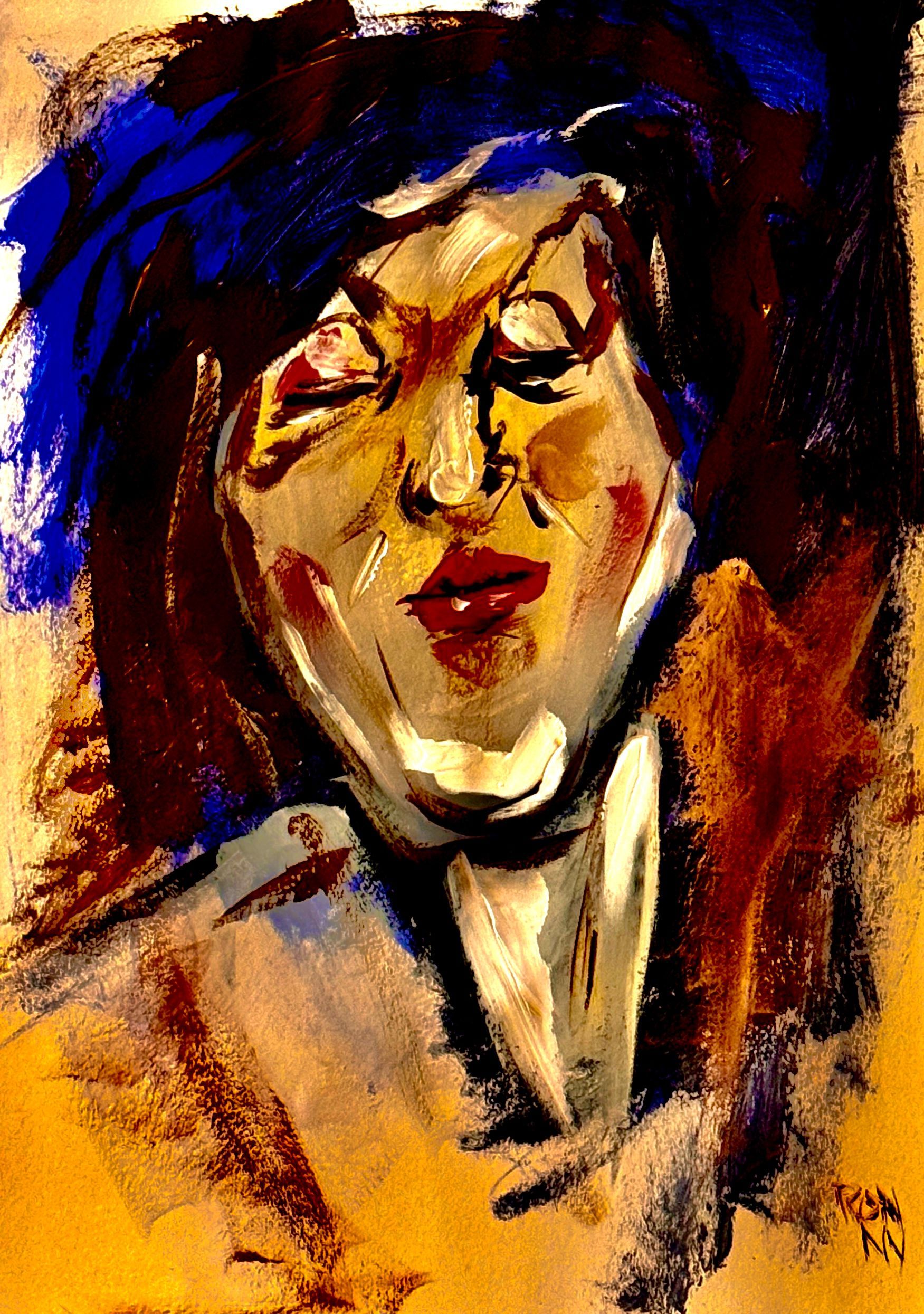 Abstract portret in warme oranje en blauwe tinten, met een peinzend gezicht en donker haar.