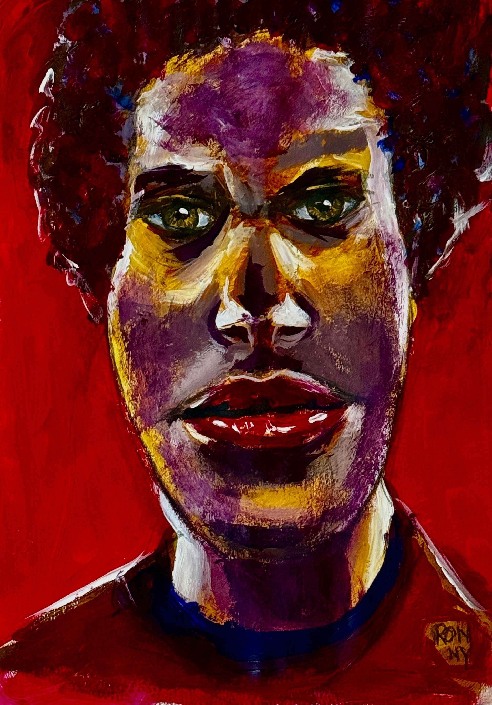 Abstract geschilderd portret met een rode achtergrond, donker krullend haar en een directe, intense uitdrukking.