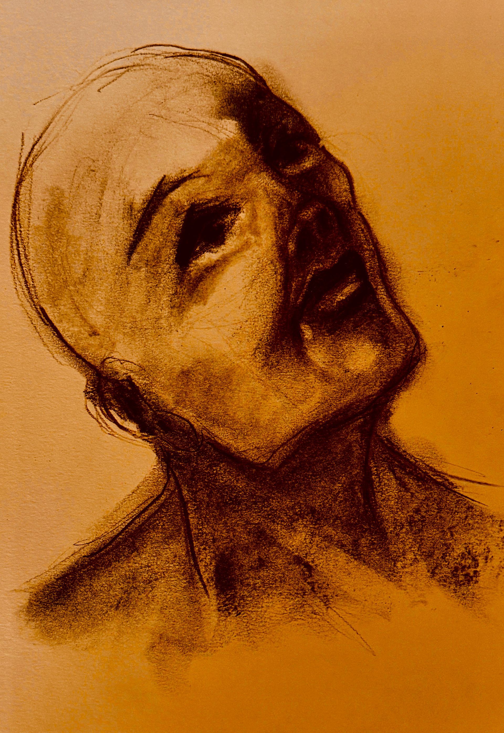 Sepia-getinte houtskoolschets van een schuin menselijk gezicht met een peinzende uitdrukking.