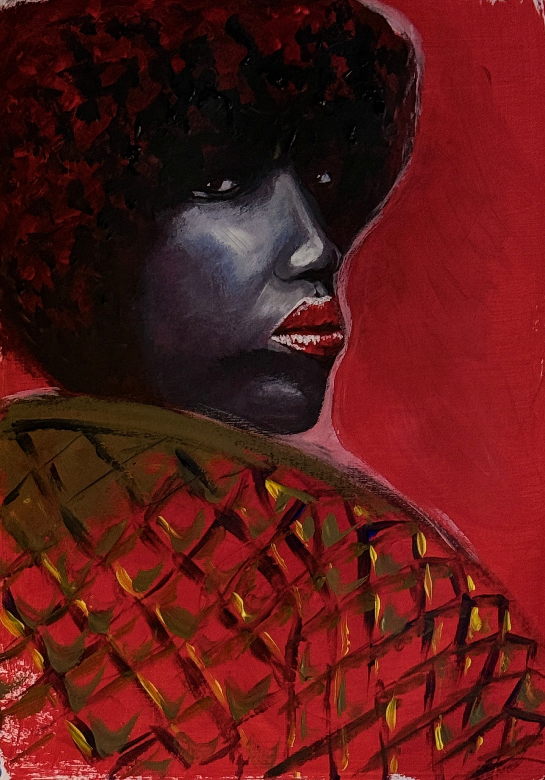 Gestileerd portret van een persoon met een donkere huid, rode lippen en rood-gouden kleding met textuur, tegen een rode achtergrond.