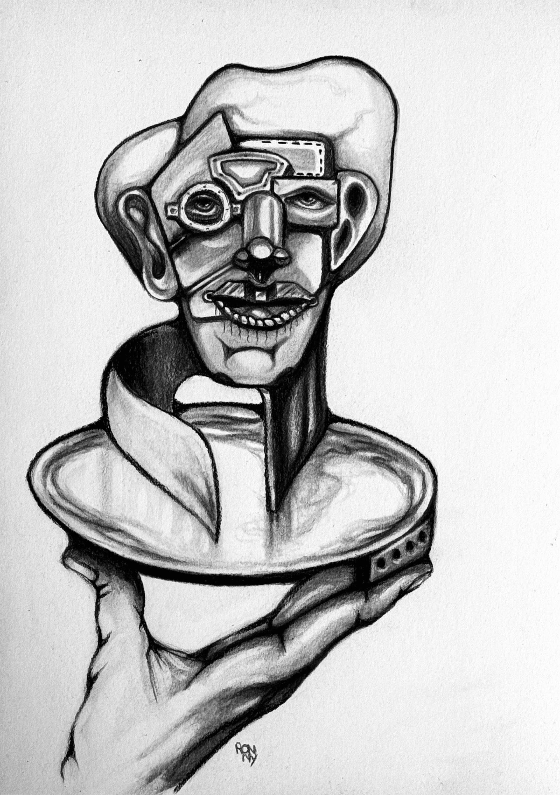 Zwart-wit potloodtekening van een surrealistische, gefragmenteerde menselijke buste op een sokkel, vastgehouden door een hand.