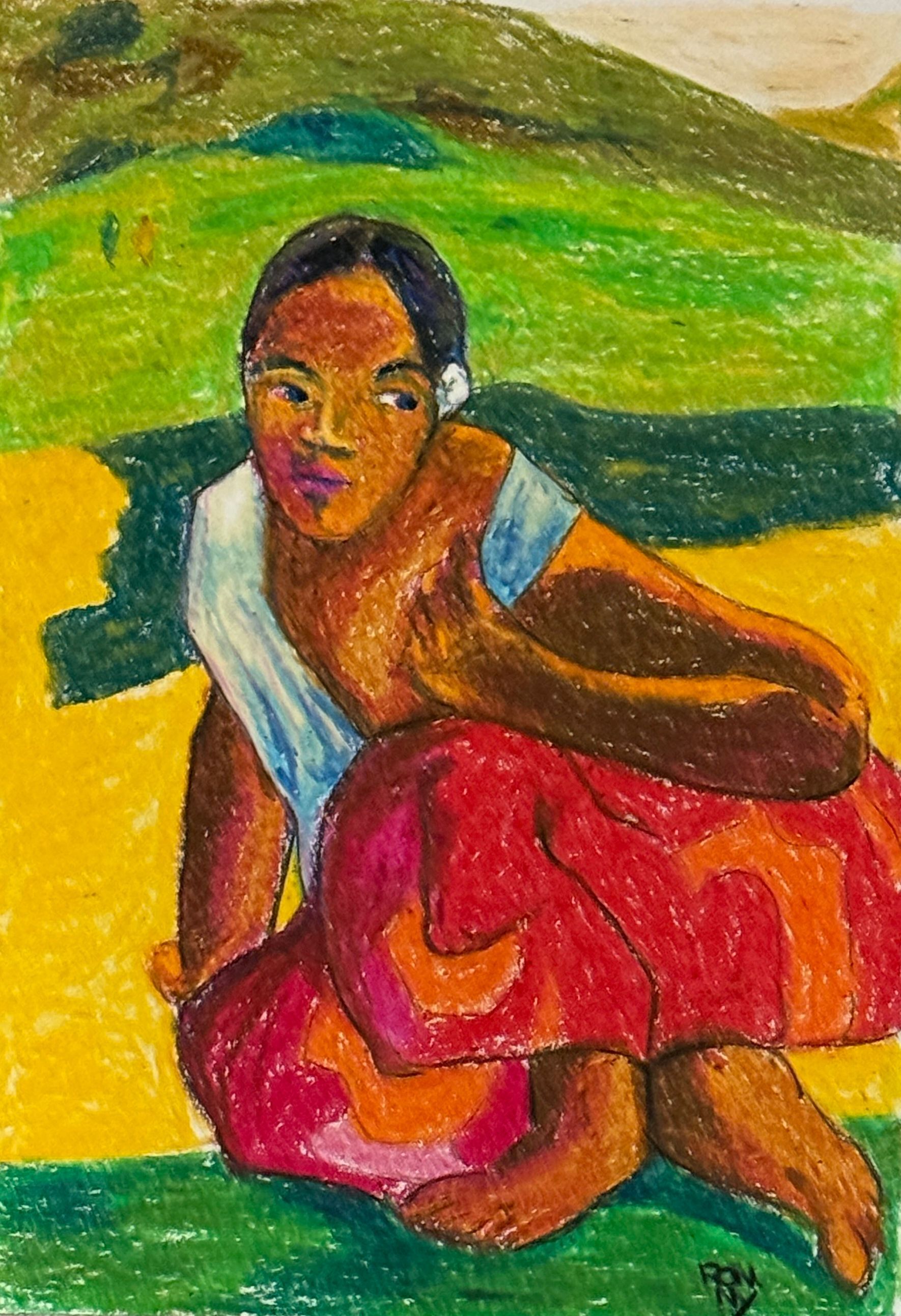 Een persoon zit op een groene heuvel in een kleurrijk schilderij, gekleed in een roze rok en een blauwe top.