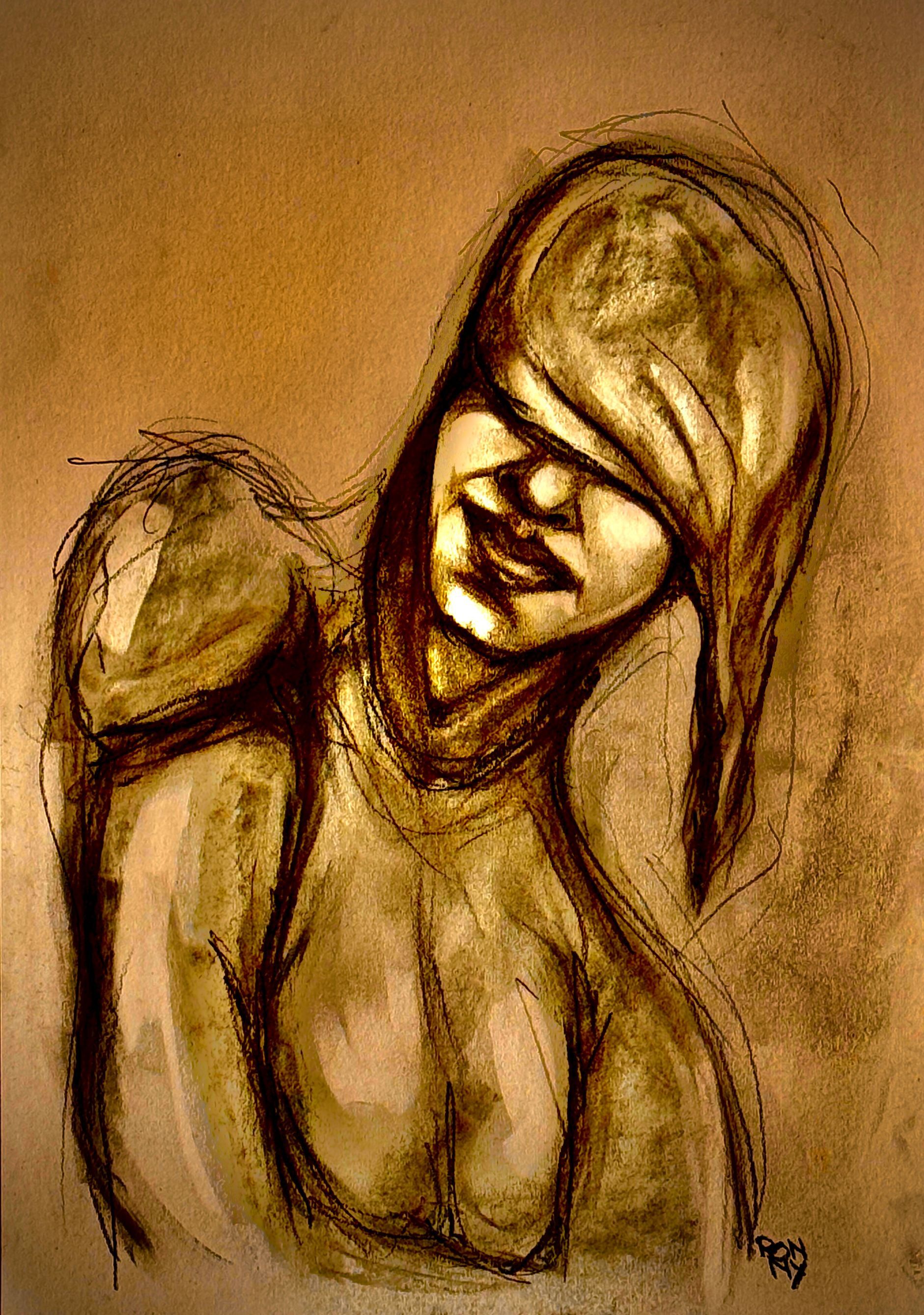 Sepia schets van een lachend persoon met lang haar dat één oog bedekt, schouders bloot.