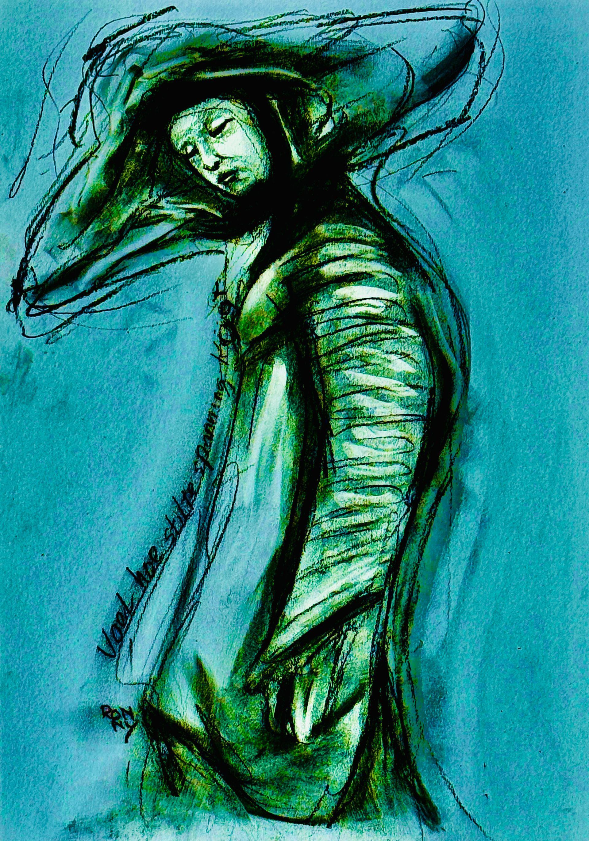 Abstracte groen-zwarte figuur tegen een blauwe achtergrond, staand met het hoofd gekanteld en de armen omhoog.