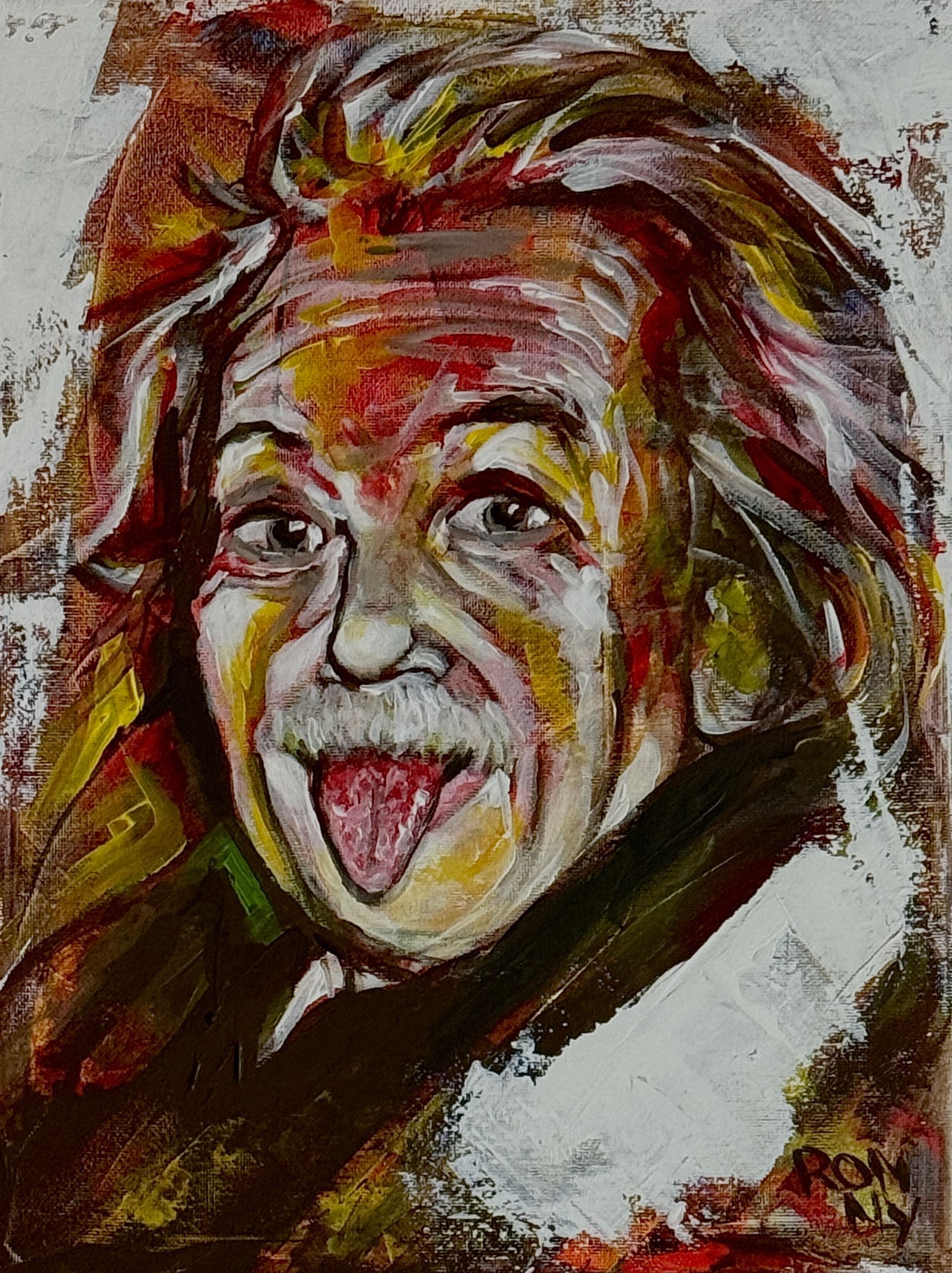 Kleurrijk abstract portret van Einstein die zijn tong uitsteekt, met warrig haar en een speelse uitdrukking.