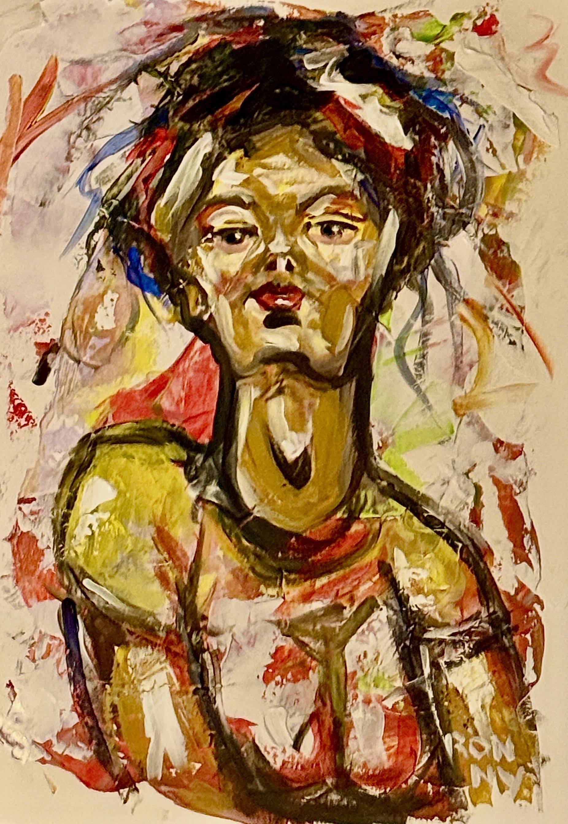 Abstract portret van een vrouw met rode lippen, warme tinten en expressieve penseelstreken.