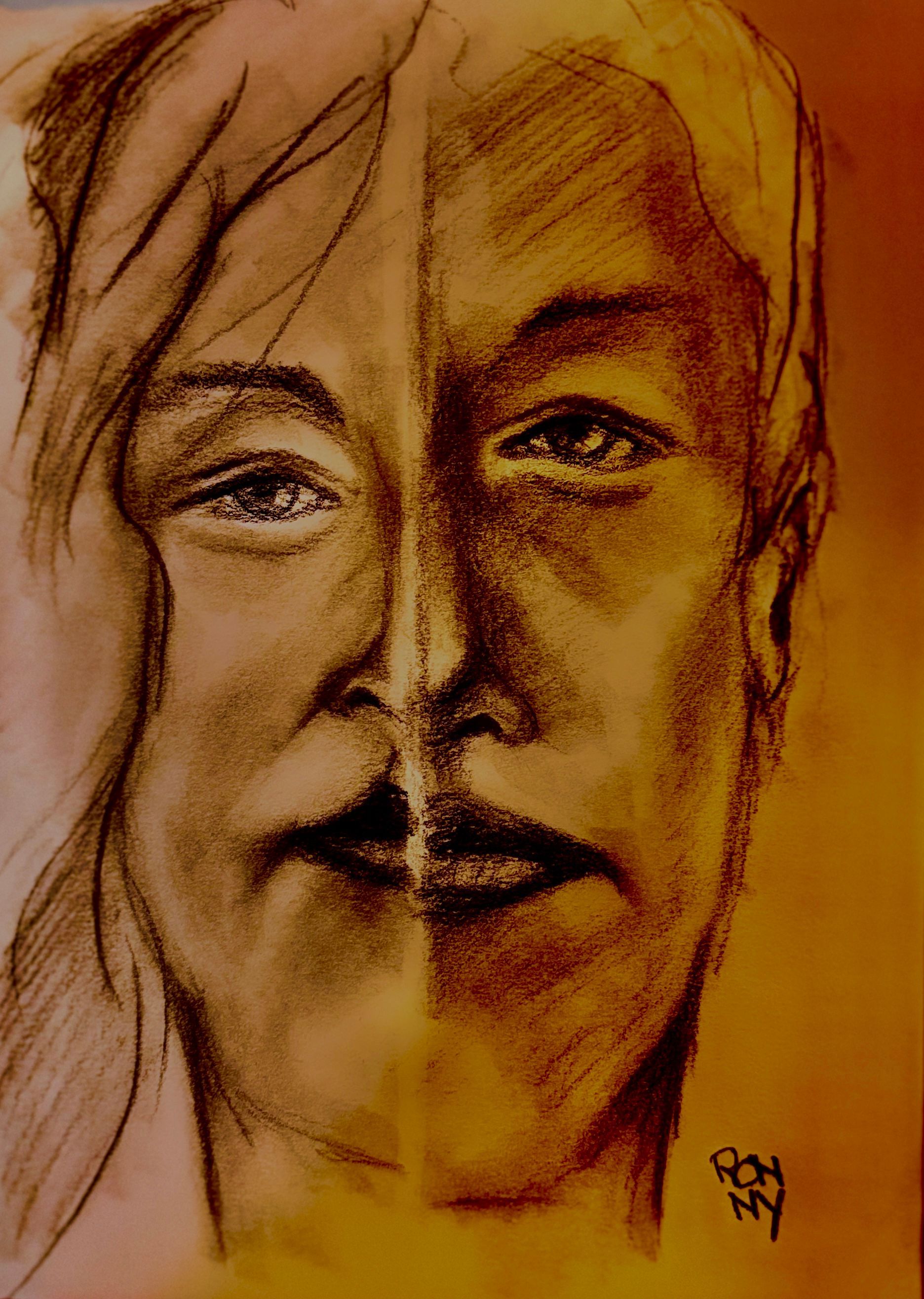 Sepia-getinte schets van een gesplitst gezicht, waarbij de ene helft lacht en de andere helft serieus is.