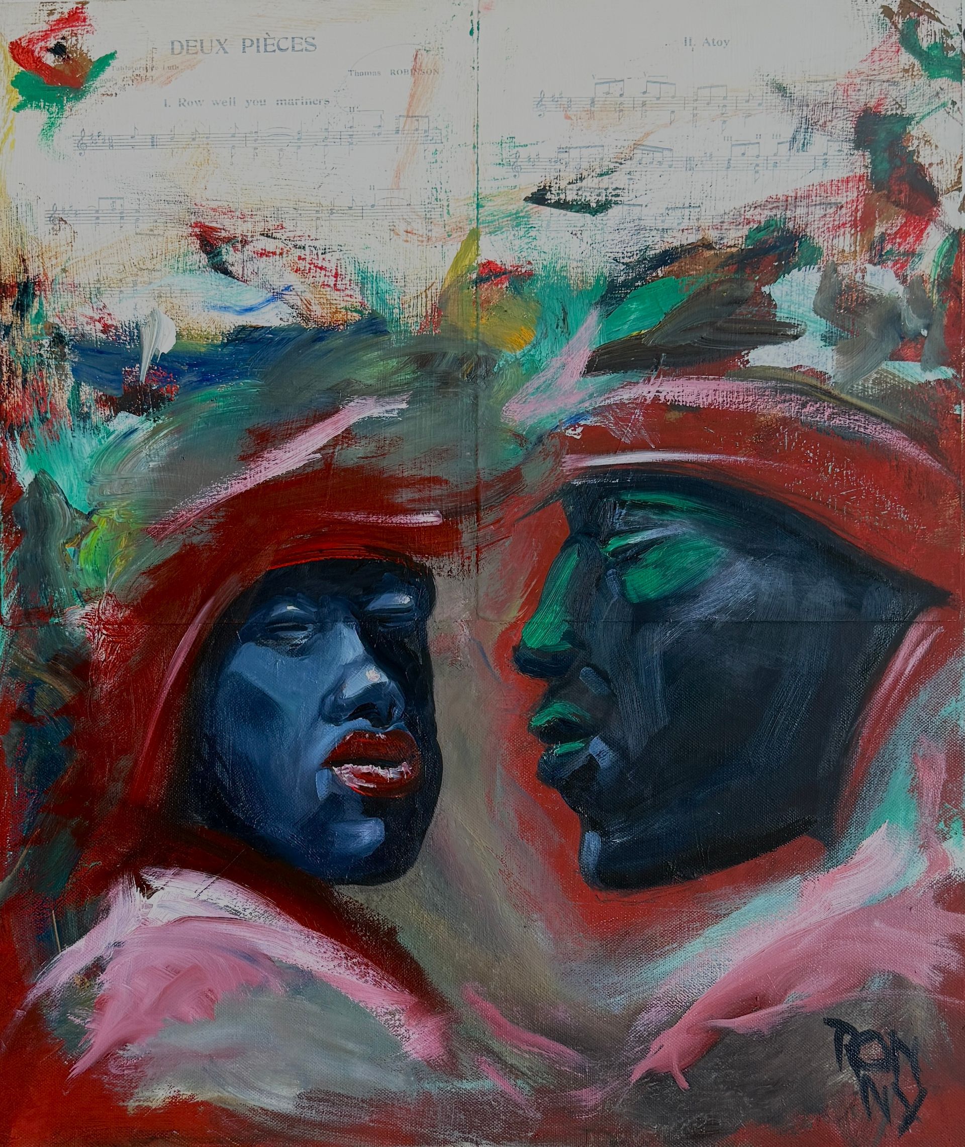 Twee abstracte gezichten in rode, blauwe en groene tinten staan ​​tegenover elkaar in een schilderachtige compositie.