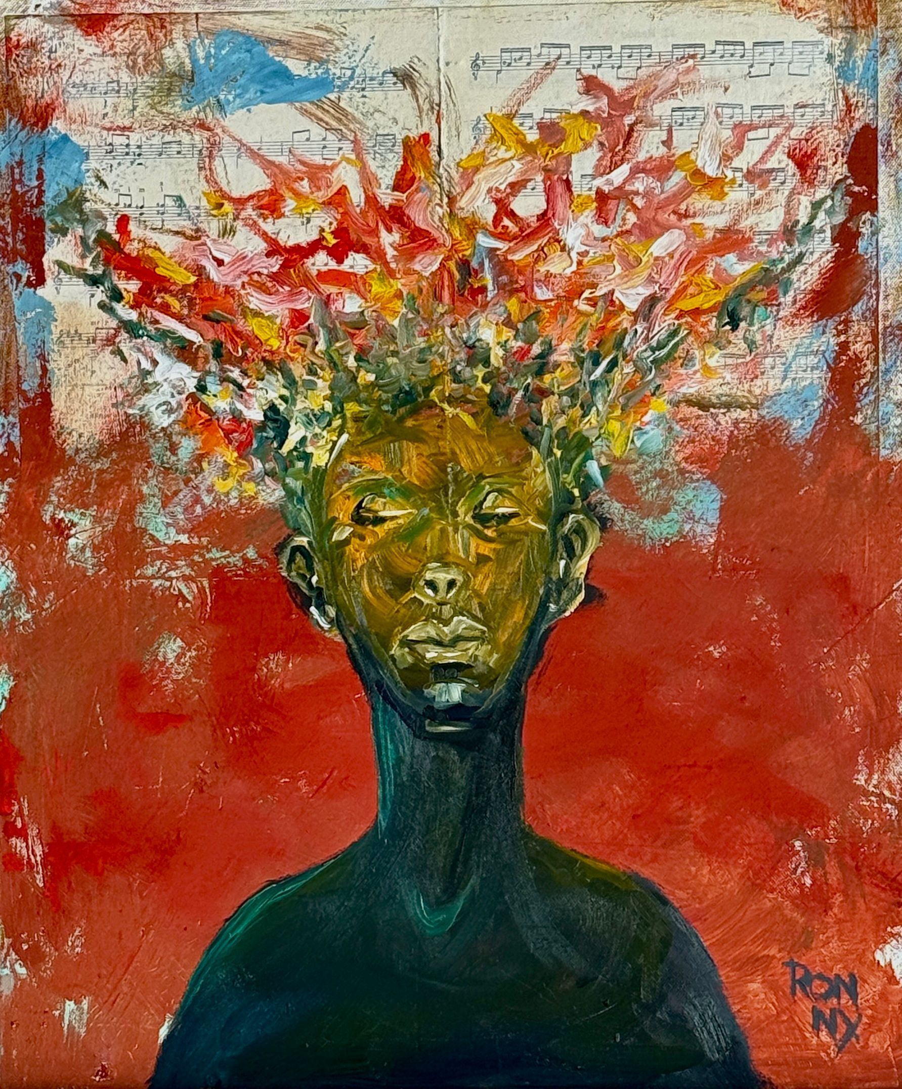 Abstract portret van een figuur met vurig rood-oranje haar en een donker torso tegen een rode achtergrond.