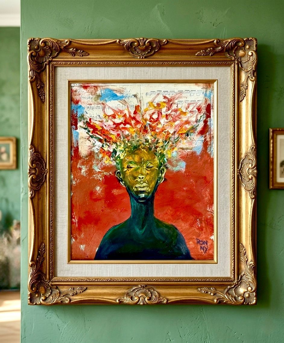 Abstract painting of a vase with colorful flowers in an ornate gold frame on a green wall