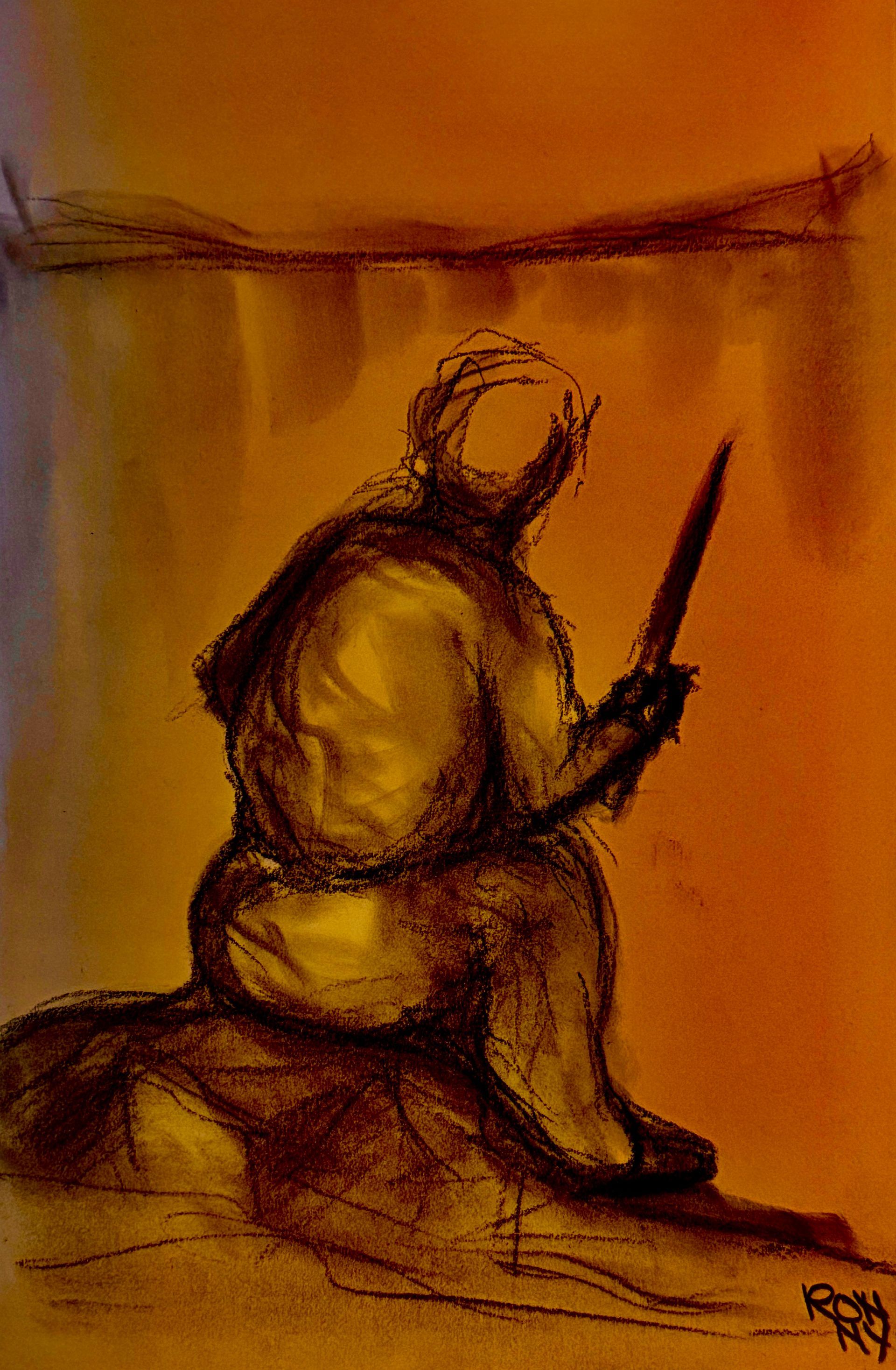 Schets van een zittende, gepantserde figuur met een zwaard in een warme oranje kamer.