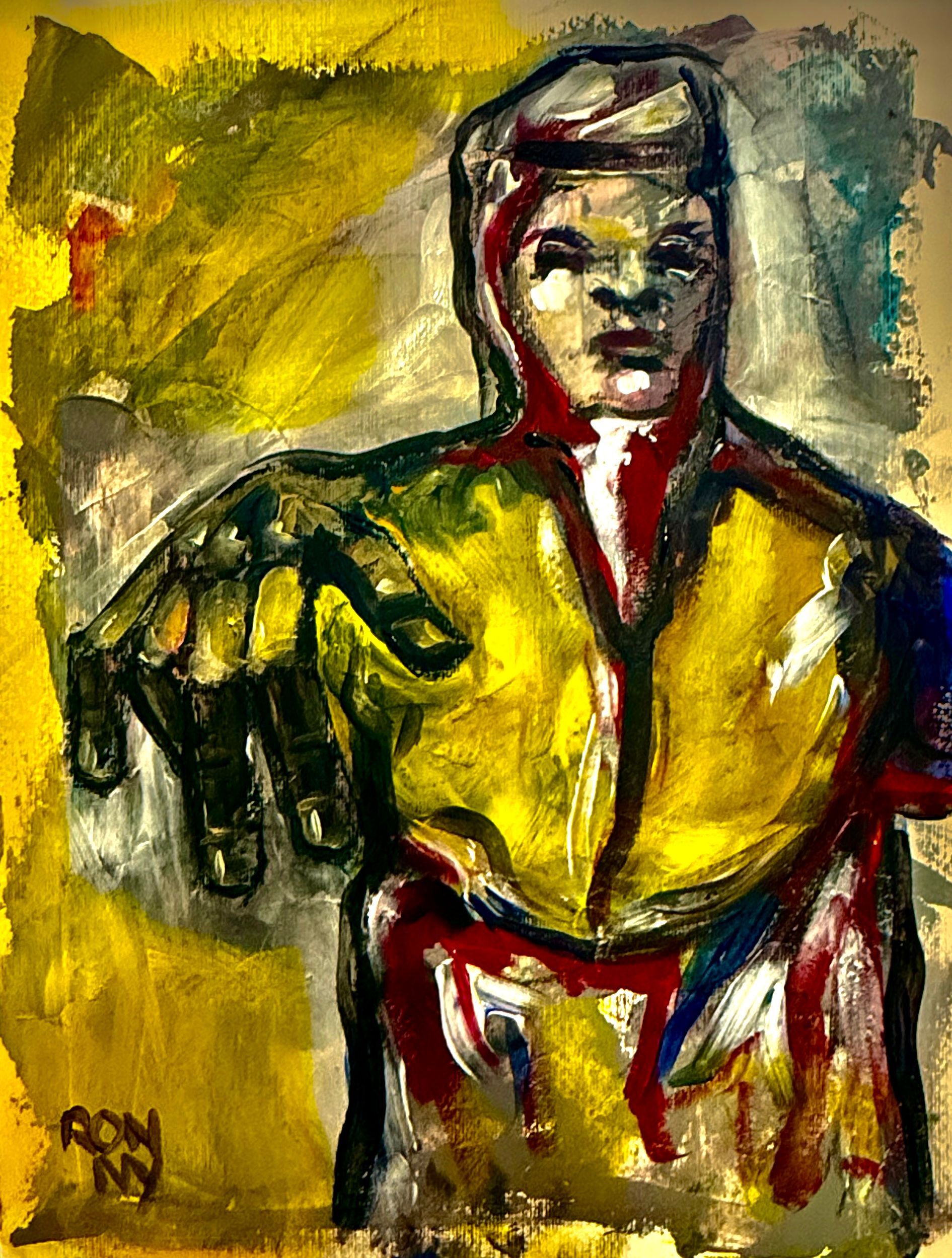 Abstract schilderij van een zittende figuur in een geel pak met een uitgestrekte hand op een geelgrijze achtergrond.