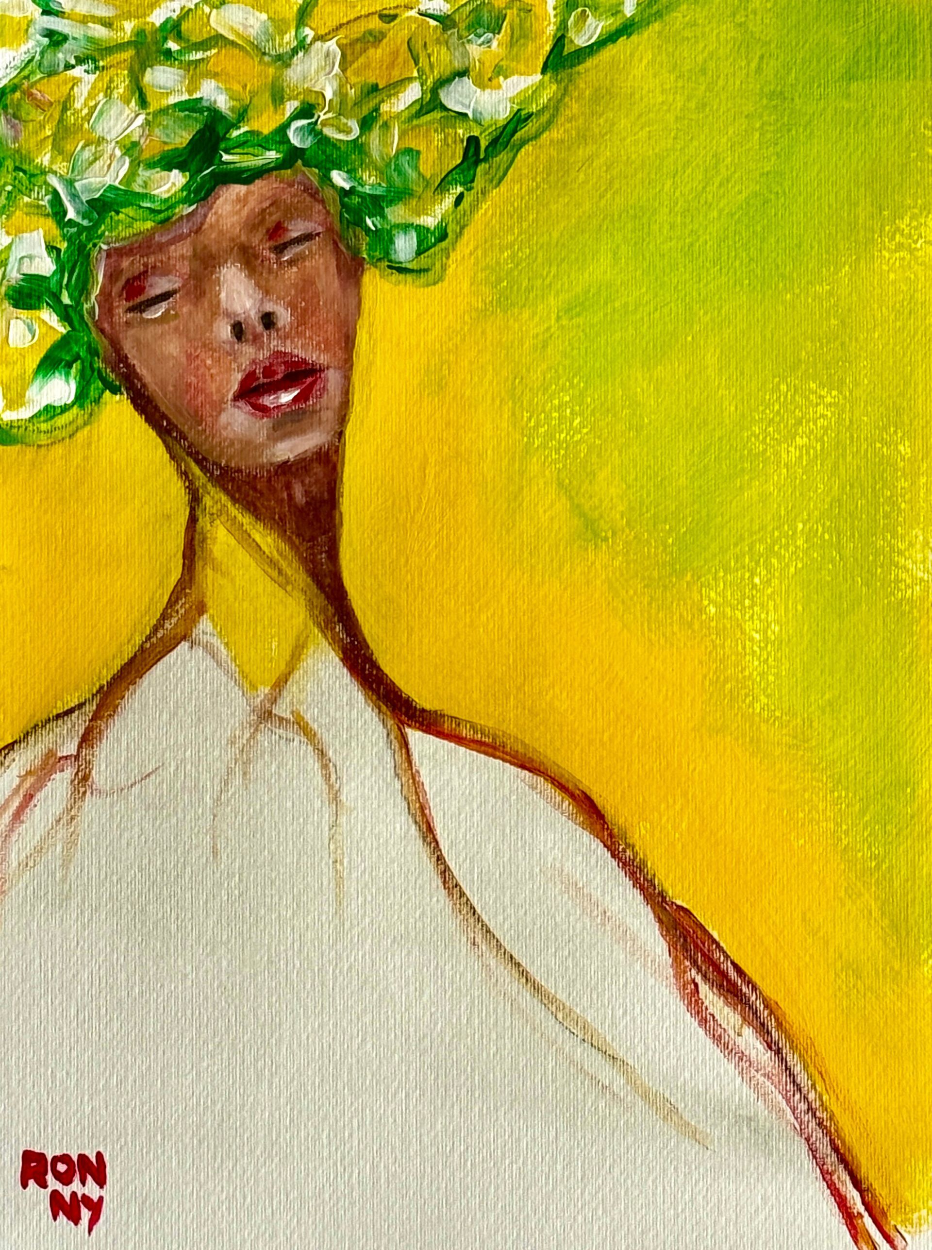 Abstract portret van een persoon in een wit gewaad met een groene hoofdtooi op een gele achtergrond.