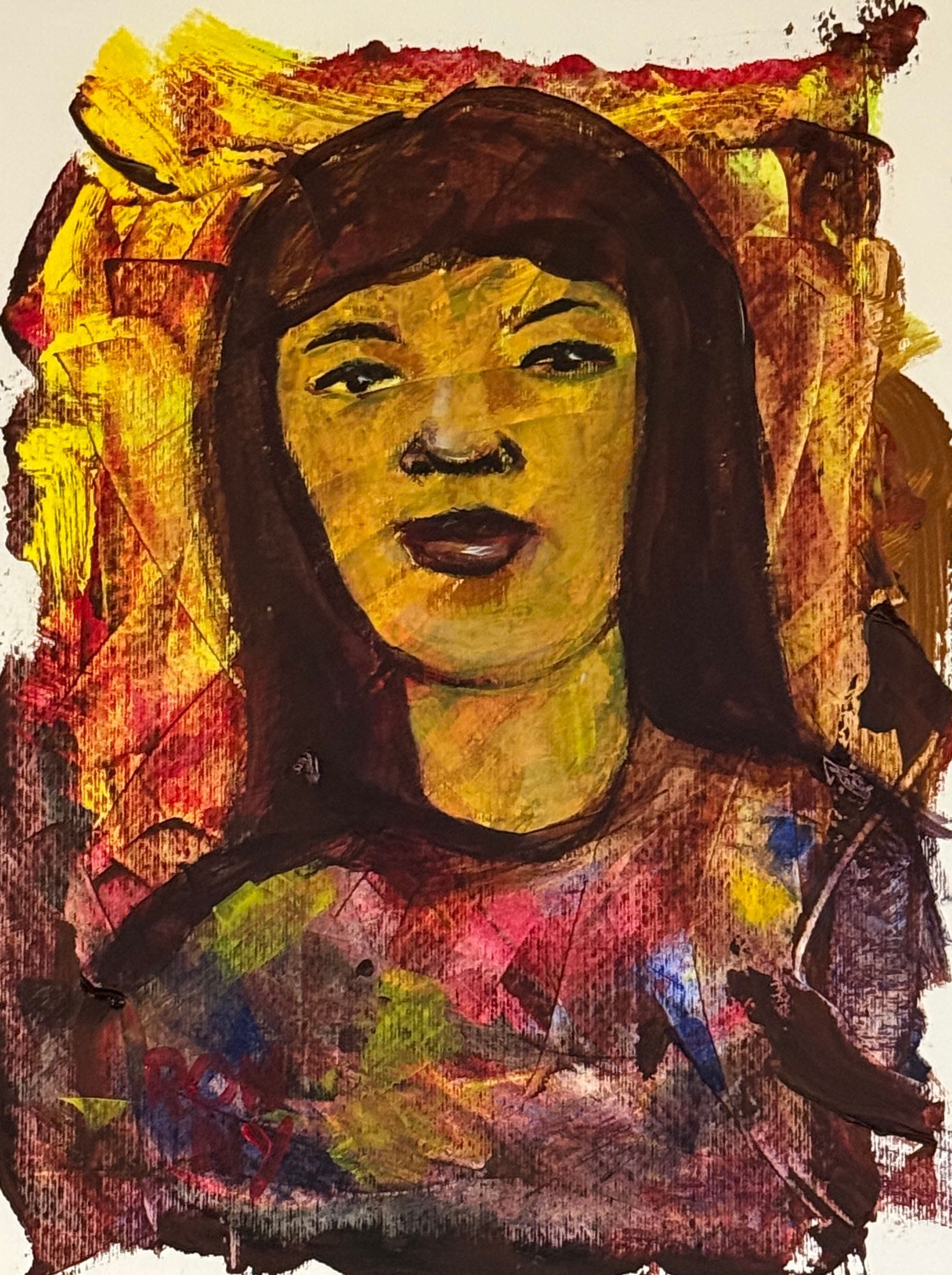 Expressionistisch portret met een persoon met donker haar tegen een kleurrijke achtergrond in rood, geel en bruin.