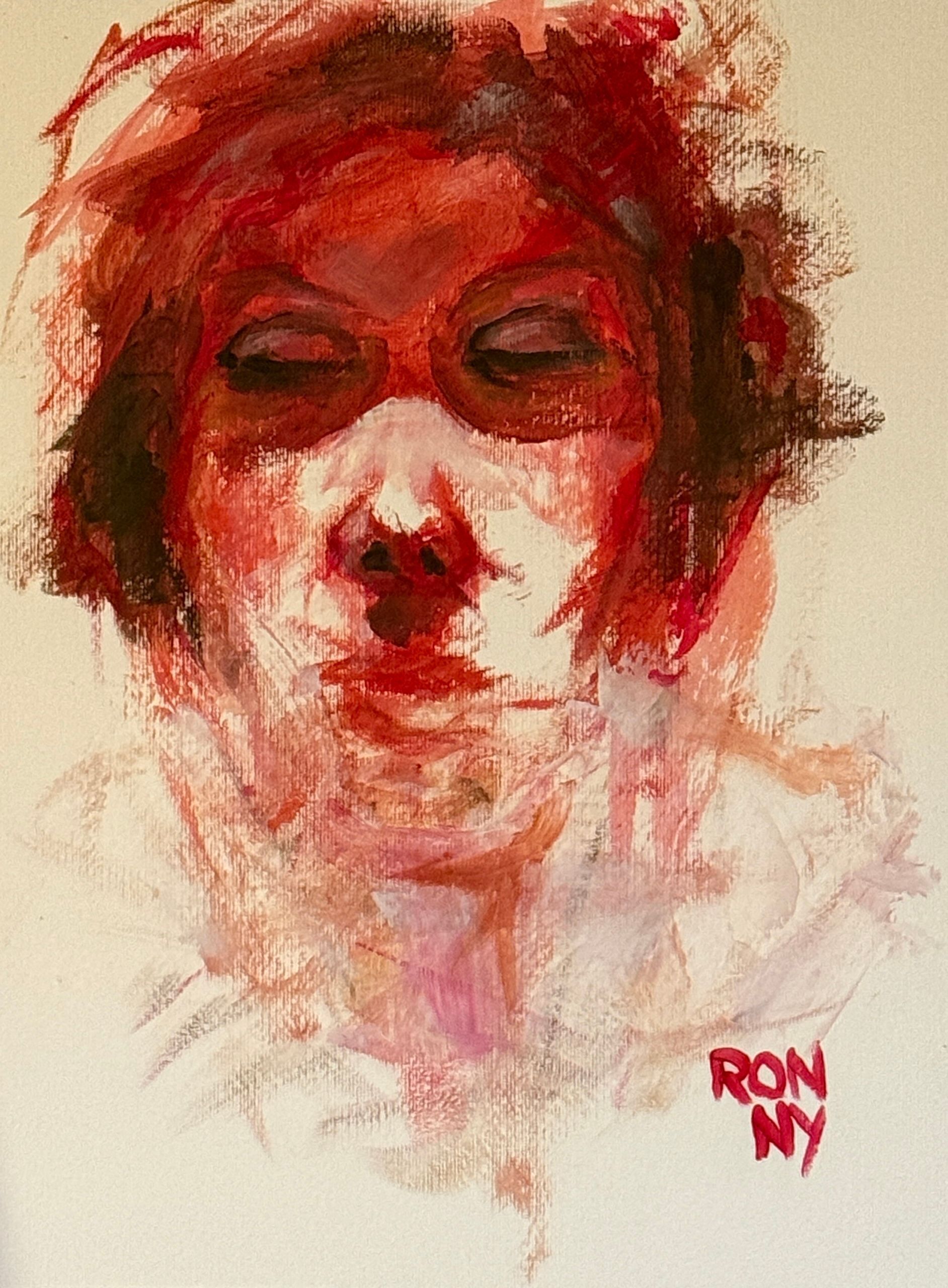 Abstract rood-wit portret van een gezicht met gesloten ogen, geschetst met losse penseelstreken.