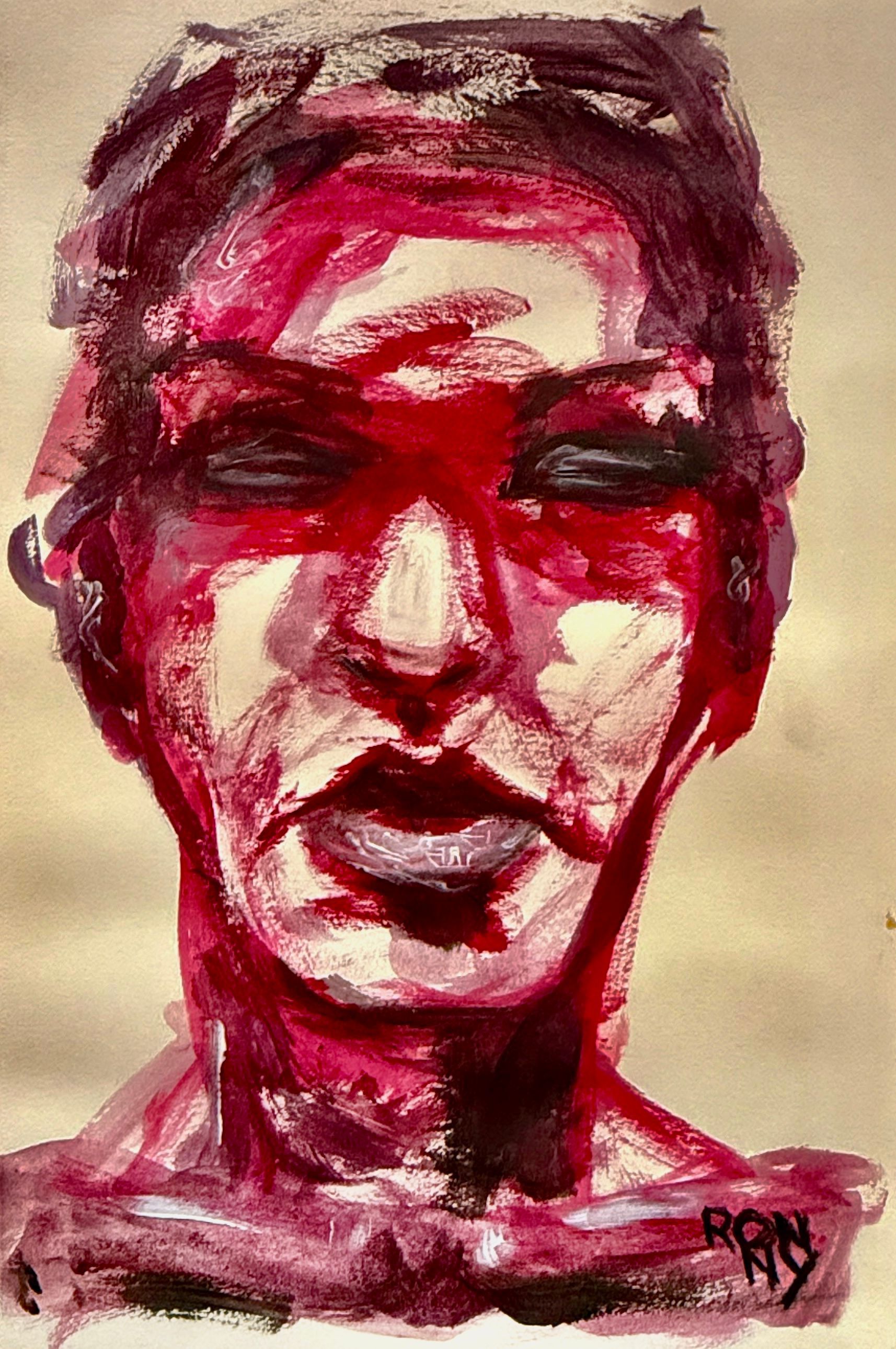 Expressief abstract portret in rood en zwart met een gezicht, donkere ogen en dramatische penseelstreken op een beige achtergrond.