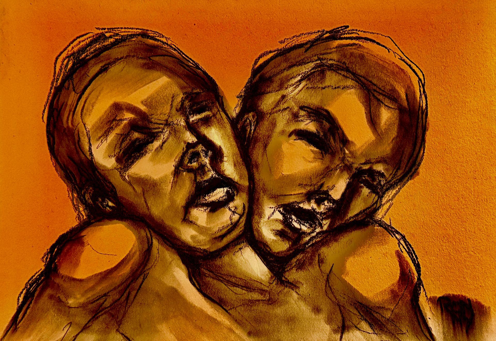 Twee abstracte gezichten in warme oranje en bruine tinten, schuin naar elkaar toe geplaatst tegen een feloranje achtergrond.