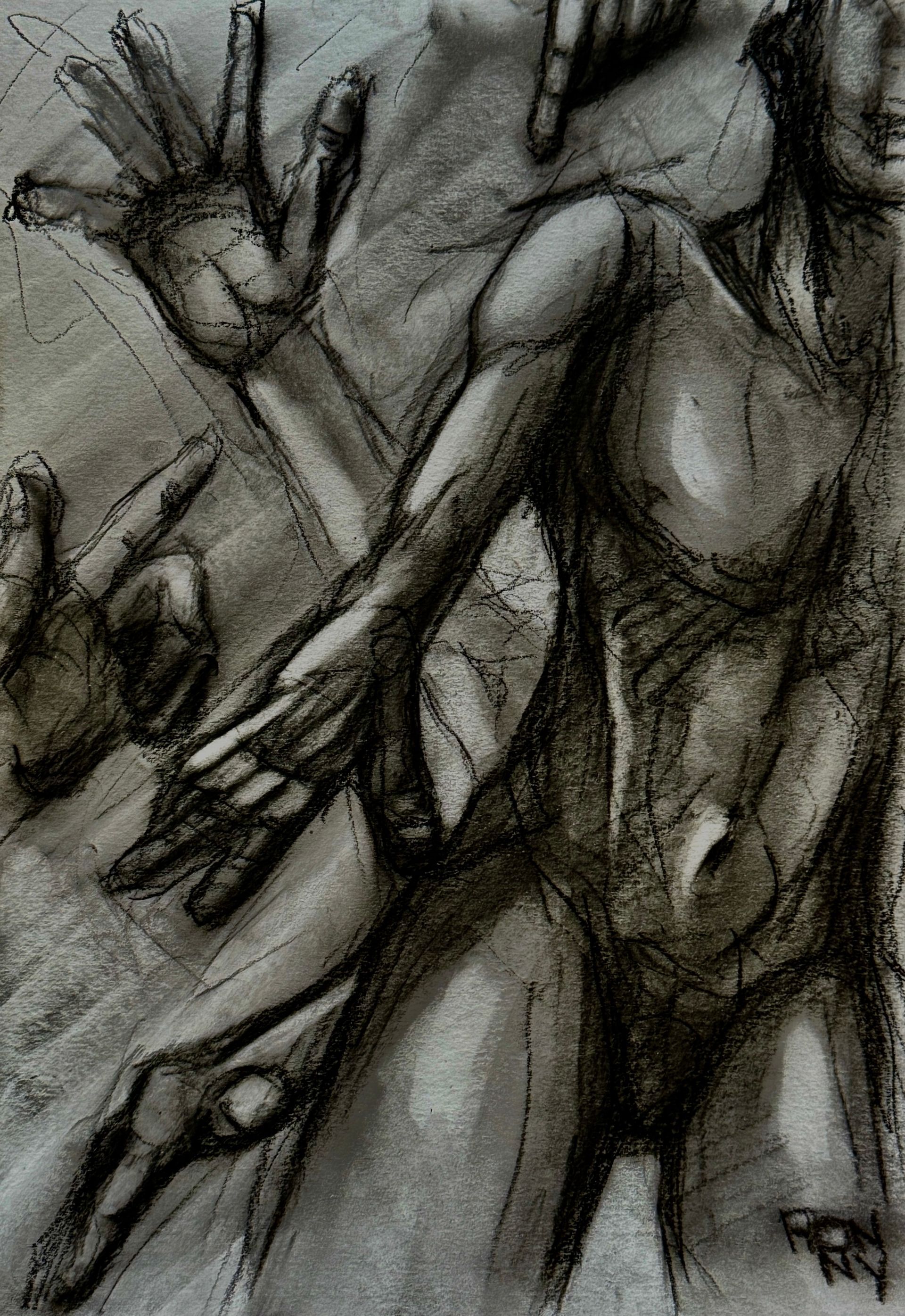 Zwart-wit schets van ineengestrengelde menselijke handen en armen in een abstracte, dramatische pose.