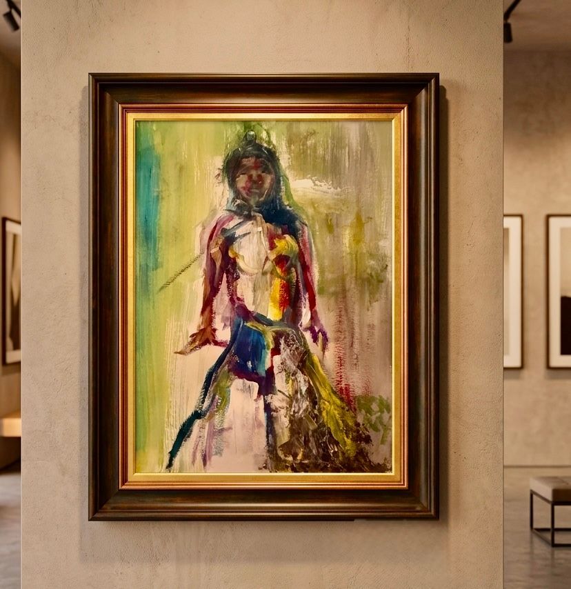 Abstract painting of a standing figure in a gold frame on a gallery wall